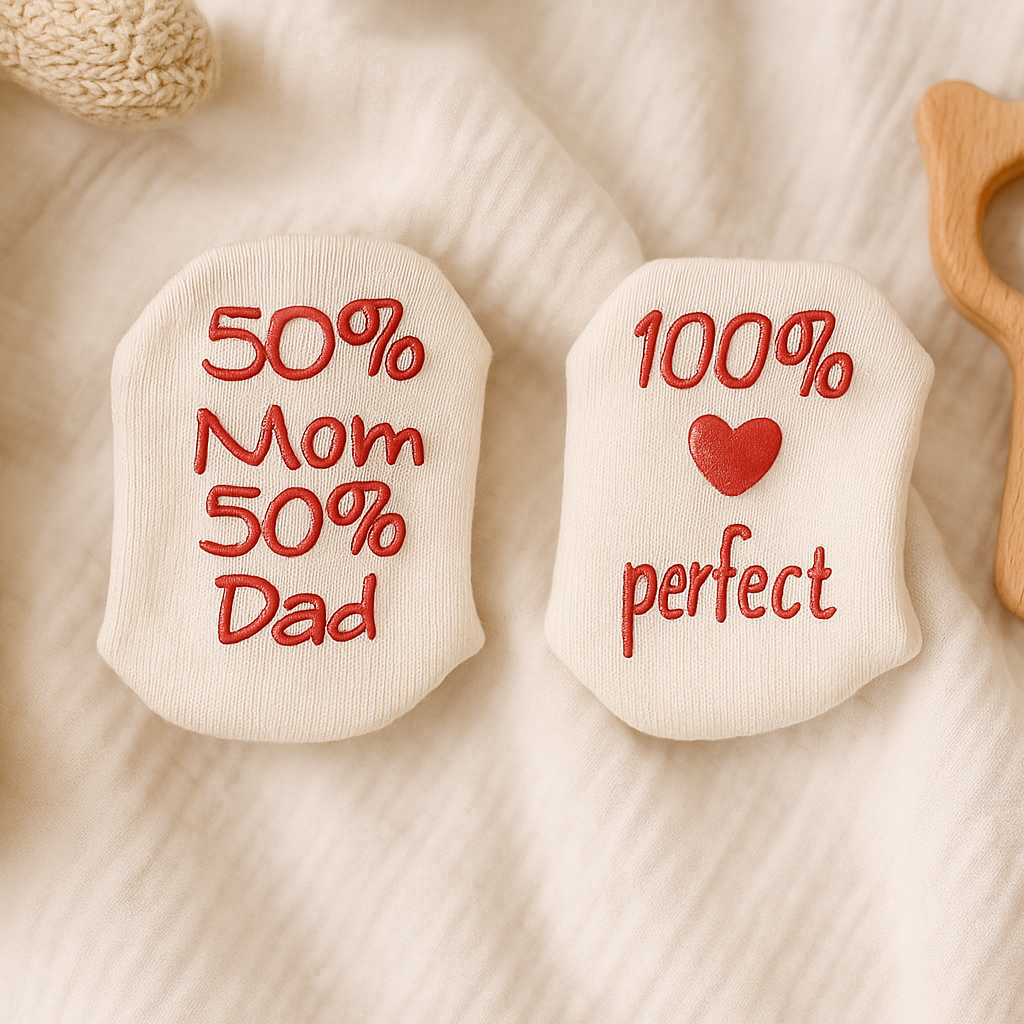 Zwei Baby-Bodys auf einer weichen Decke mit der Aufschrift "50% Mama, 50% Papa, 100% perfekt" und einem roten Herz, umgeben von Hello World Socken 100% Perfect - Rot (6-12 Monate), sowie einem gestrickten Spielzeug und einer Holzrassel.