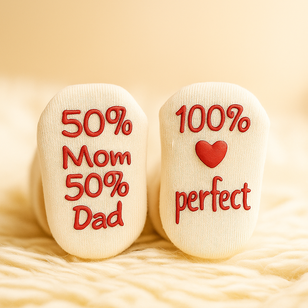 Die handgefertigten Hello World Socken 100% Perfect - Rot (Sohle: 7x10cm, 6-12 Monate) mit süßem Schriftzug sorgen für perfekte Passform und liegen auf einer weichen Decke vor warm-gelbem Hintergrund.