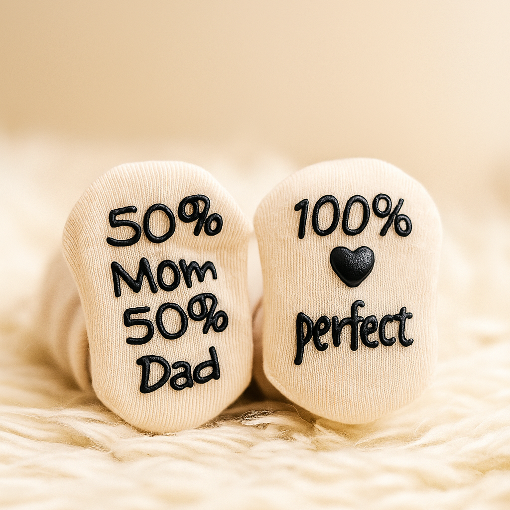 Nahaufnahme von Hello World Socken 100% Perfect - Schwarz (Sohle: 7x10cm) für 6-12 Monate, mit "50% Mama 50% Papa" auf einer Socke und "100% perfekt" mit einem Herz auf der anderen, dargestellt auf einer weichen cremefarbenen Oberfläche.