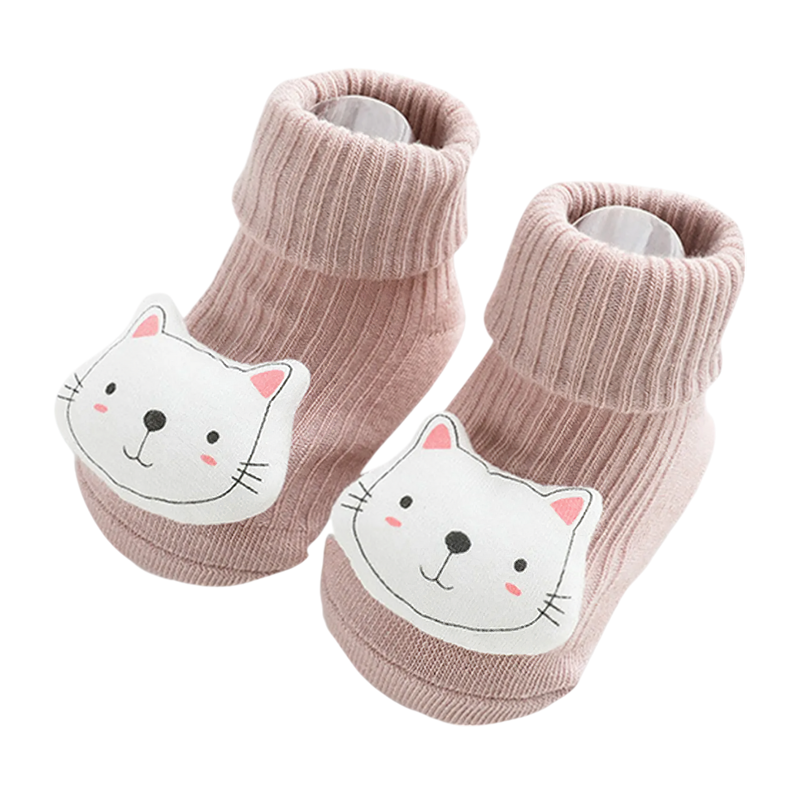 Die Hello World Socken Katze (Sohle: 6x11cm) für 6-12 Monate sind rosa Babysocken mit gerippten Bündchen und weißen Katzengesichtern - Ohren, Augen, Nase und rosige Wangen - im süßen Katzen-Design auf der Vorderseite aufgenäht.