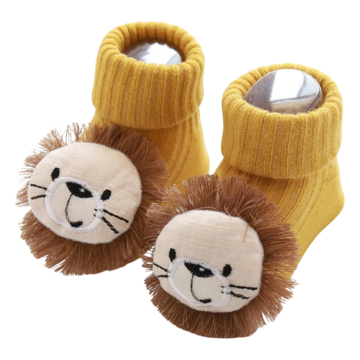 Die Socken Löwe (Sohle: 6x11cm) von Hello World für 6-12 Monate begeistern mit handgefertigtem, gelbem Design und weichen, plüschigen Löwengesichtern samt gestickten Details - für einen süßen Look bei Babys.
