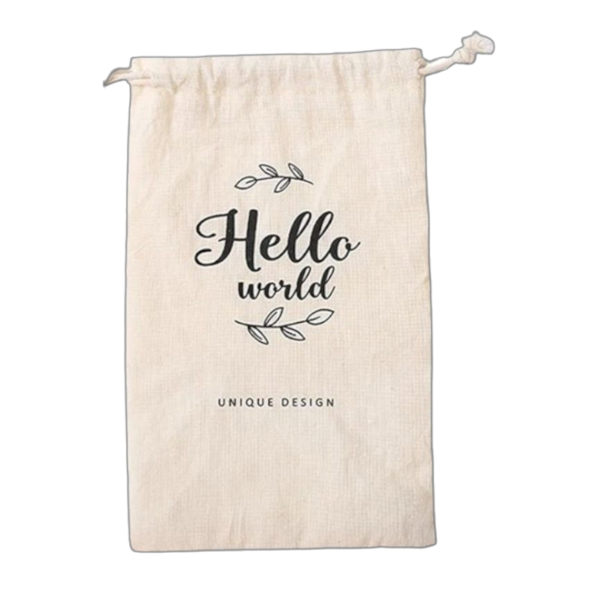 Der Spielzeugbeutel "Hello World" (14,5x23,5cm) von Hello World ist ein beiger Baumwollbeutel mit Kordelzug, schwarzem Blattmotiv und dem Text "Hello world" - perfekt als Geschenk zur Geburt oder stilvoller Aufbewahrungsbeutel.