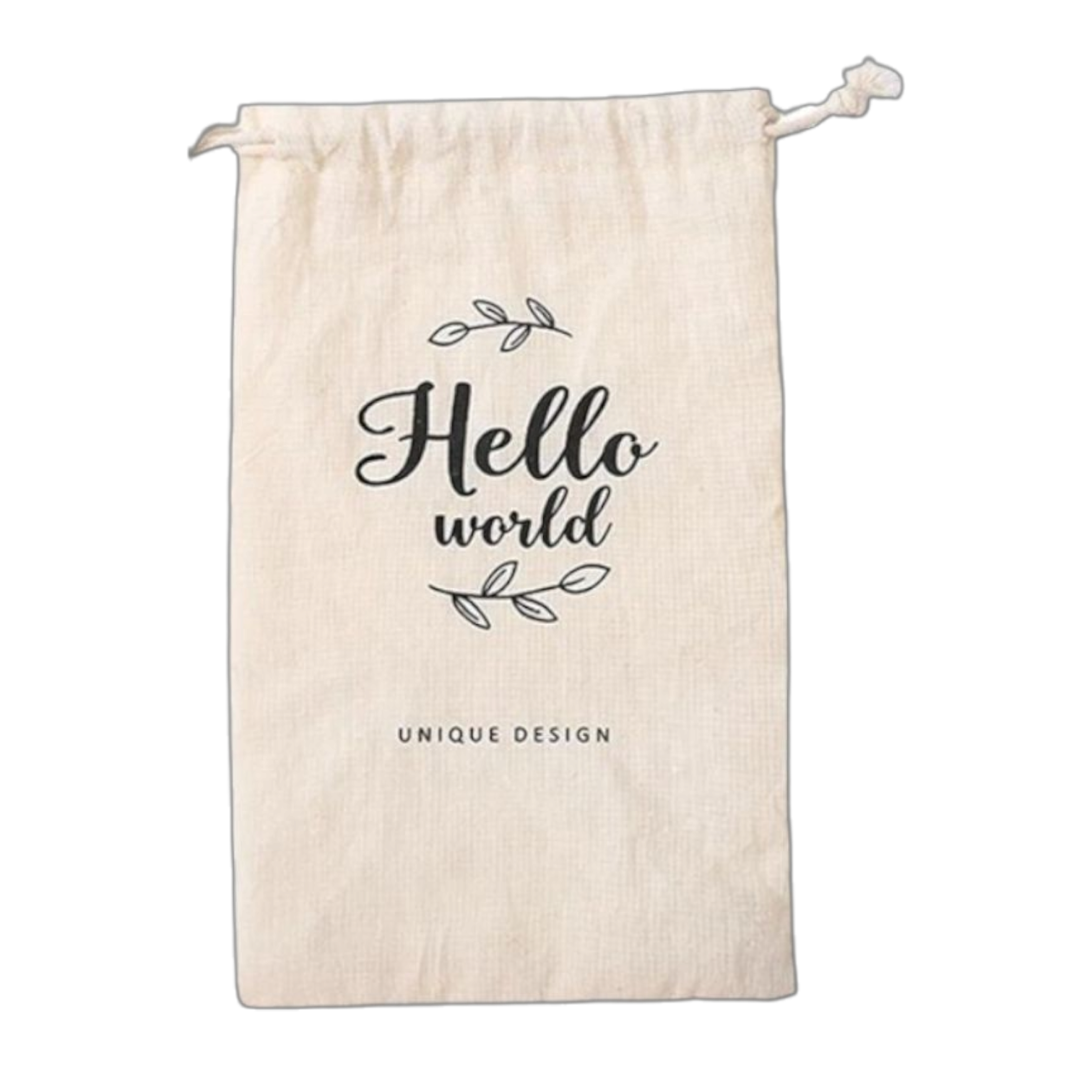 Der Spielzeugbeutel "Hello World" (14,5x23,5cm) von Hello World ist ein beiger Baumwollbeutel mit Kordelzug, schwarzem Blattmotiv und dem Text "Hello world" - perfekt als Geschenk zur Geburt oder stilvoller Aufbewahrungsbeutel.