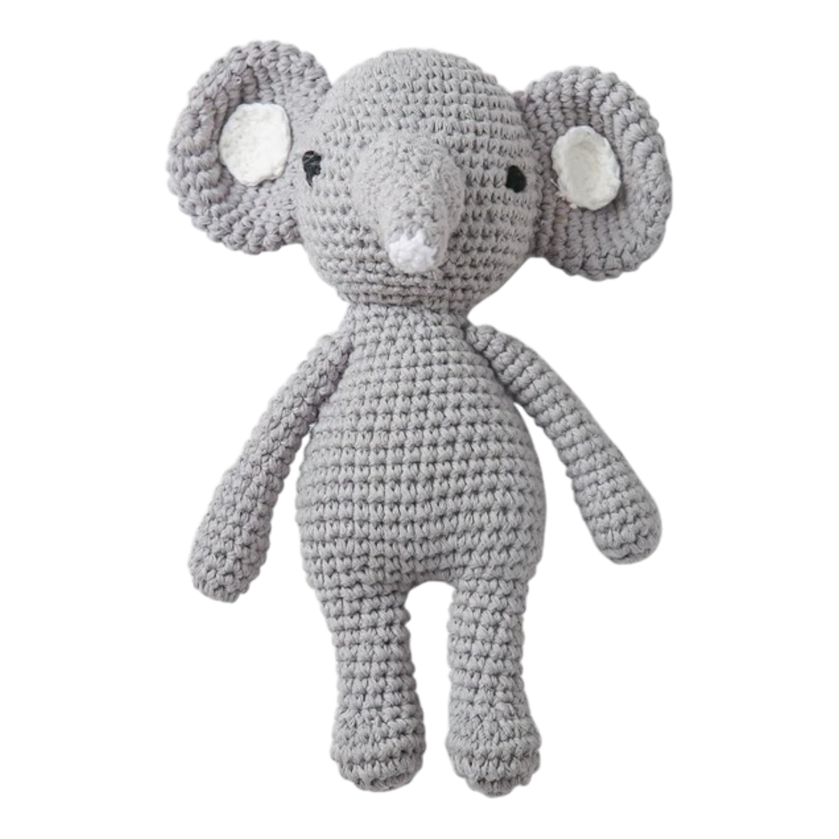 Der Hello World Stricktier Elefant (18x12cm) ist ein handgefertigter, grauer, kuscheliger Elefant mit großen Ohren, kleinen schwarzen Augen und einem Rüssel mit weißer Spitze, der vor einem weißen Hintergrund präsentiert wird, um die exquisite Strickkunst hervorzuheben.