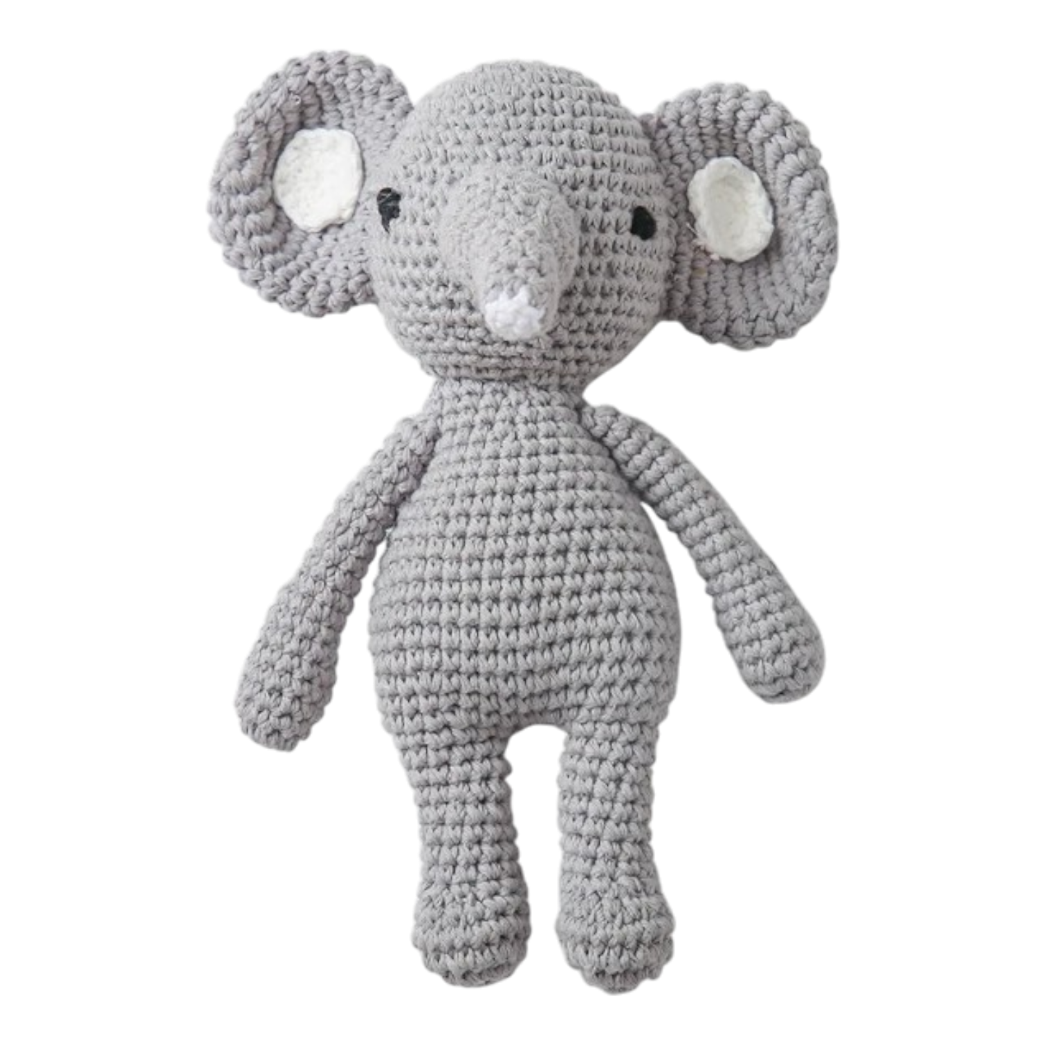 Der Hello World Stricktier Elefant (18x12cm) ist ein handgefertigter, grauer, kuscheliger Elefant mit großen Ohren, kleinen schwarzen Augen und einem Rüssel mit weißer Spitze, der vor einem weißen Hintergrund präsentiert wird, um die exquisite Strickkunst hervorzuheben.