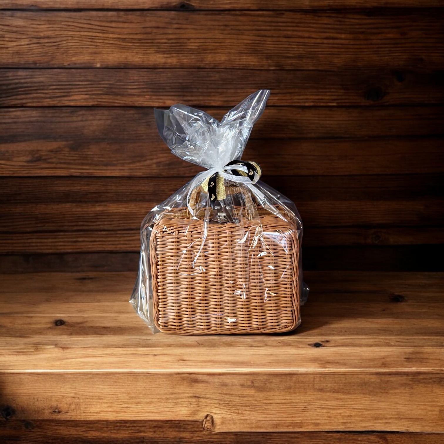 Ein Weidenkorb, eingewickelt in Hello World Transparente Folie mit einer goldenen Schleife, ruht auf einer hölzernen Oberfläche vor einem hölzernen Wandhintergrund.