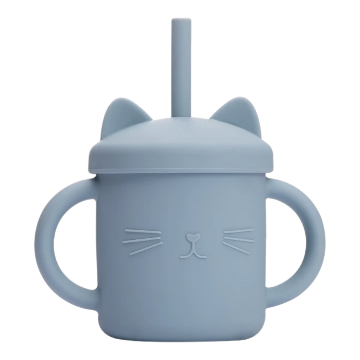 Der Hello World Trinkbecher Katze Blau [12x11cm] besitzt zwei Griffe, einen Deckel mit Katzenohren und Strohhalm. Die Vorderseite ziert ein schlichtes Katzen-Design mit Schnurrhaaren und Nase.