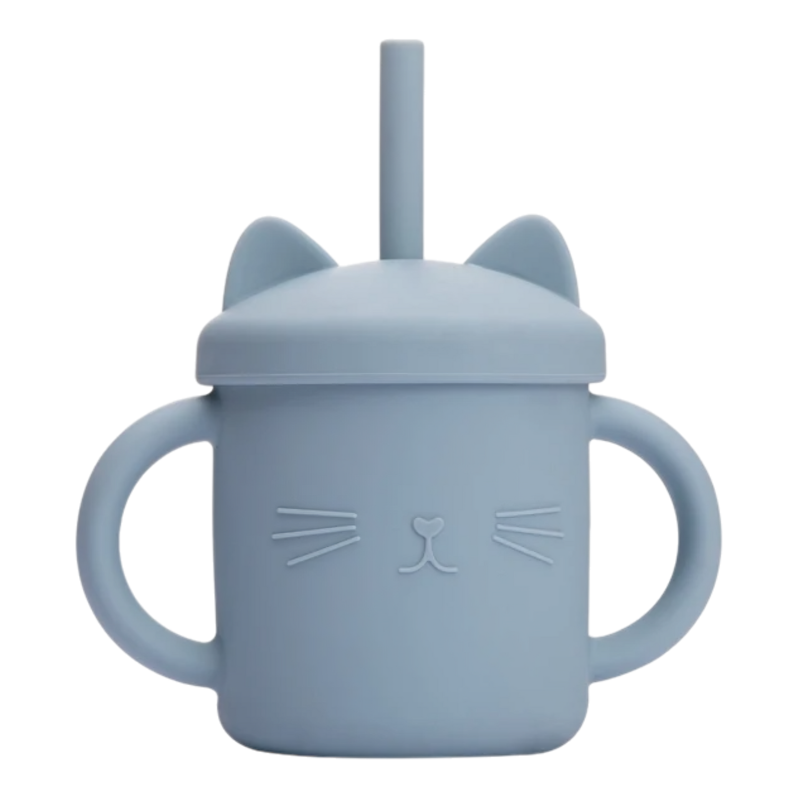 Der Hello World Trinkbecher Katze Blau [12x11cm] besitzt zwei Griffe, einen Deckel mit Katzenohren und Strohhalm. Die Vorderseite ziert ein schlichtes Katzen-Design mit Schnurrhaaren und Nase.