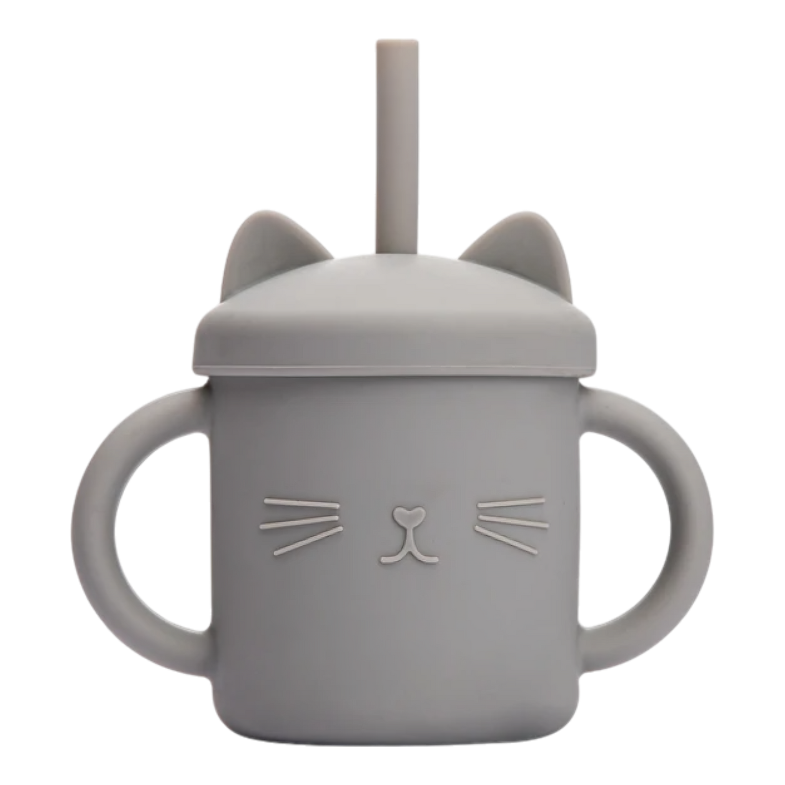 Der Hello World Trinkbecher Katze Grau [12x11cm] überzeugt mit zwei Griffen, Katzenohren-Deckel und Strohhalm sowie süßem Katzengesicht inklusive Schnurrhaaren und Nase auf der Vorderseite.