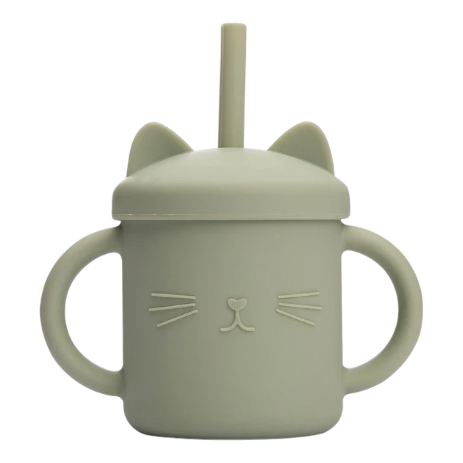 Der Hello World Trinkbecher Katze Grün [12x11cm] ist ein hellgrüner Silikonbecher mit zwei Henkeln, einem Deckel mit Katzenohren und einem Strohhalm. Die Vorderseite zeigt ein einfaches Katzengesicht mit Schnurrhaaren und Nase.