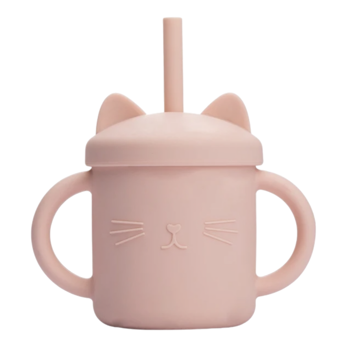 Der Hello World Trinkbecher Katze Rosa [12x11cm] ist ein rosa Silikonbecher mit zwei Henkeln, einem Deckel mit Katzenohren und einem Strohhalm. Auf der Vorderseite ist ein niedliches Katzengesicht mit Schnurrhaaren und Nase abgebildet, das auf einem schlichten weißen Hintergrund steht.
