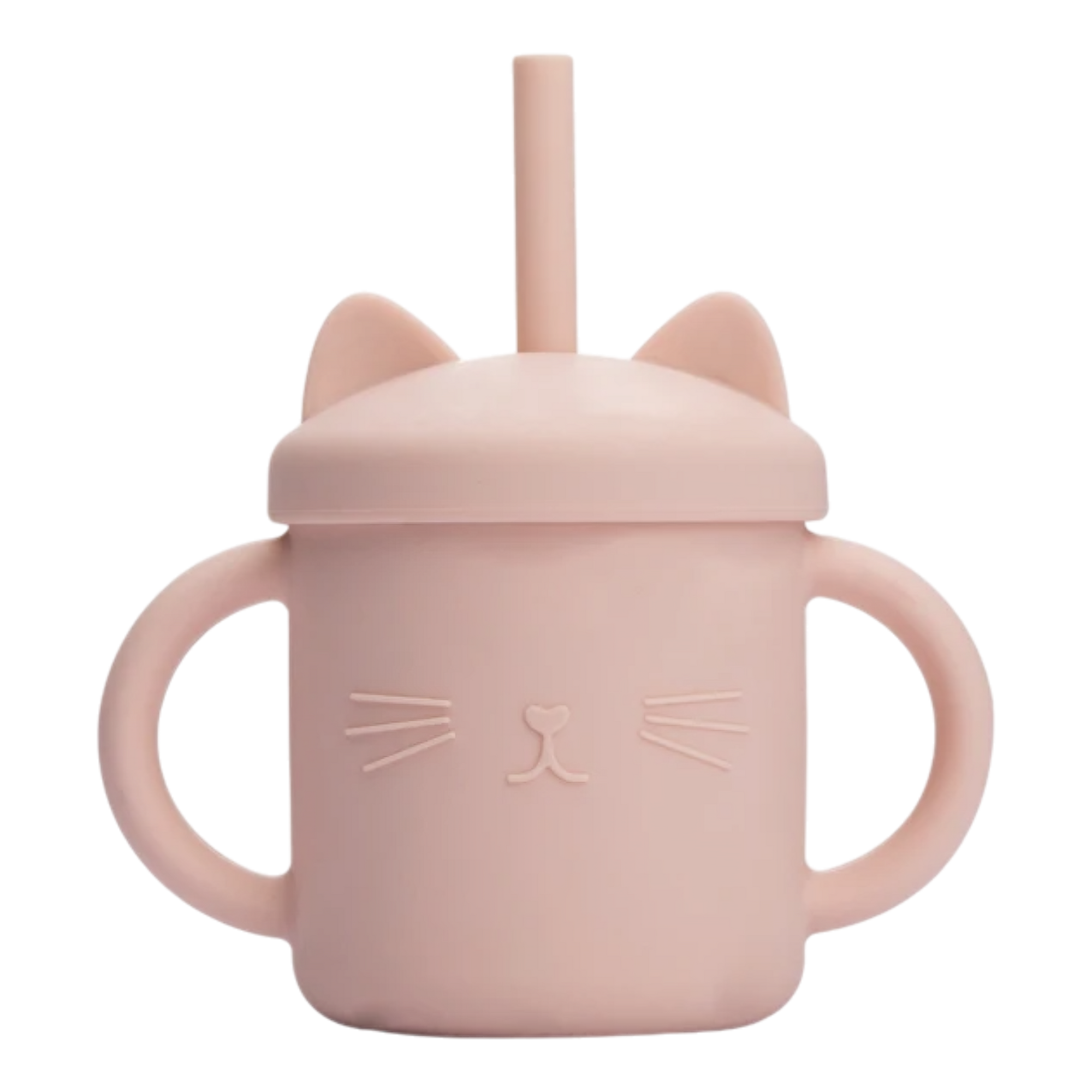 Der Hello World Trinkbecher Katze Rosa [12x11cm] ist ein rosa Silikonbecher mit zwei Henkeln, einem Deckel mit Katzenohren und einem Strohhalm. Auf der Vorderseite ist ein niedliches Katzengesicht mit Schnurrhaaren und Nase abgebildet, das auf einem schlichten weißen Hintergrund steht.