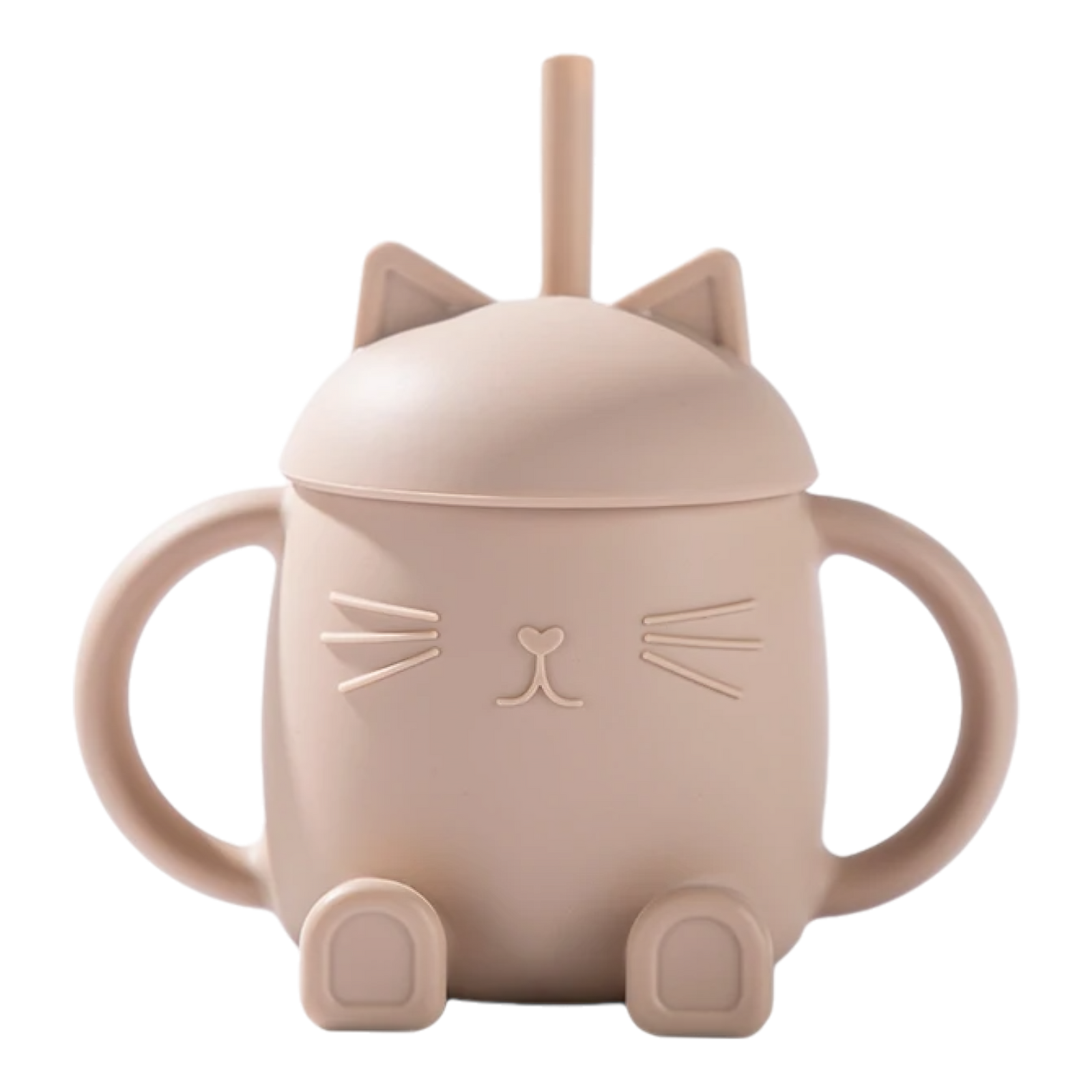 Der Hello World Trinkbecher Katze sitzend Beige [13x11cm] ist ein beiger Trinkbecher in Form einer sitzenden Katze, mit Katzenohren auf dem Deckel, einem Strohhalm, zwei Henkeln und geprägten Schnurrhaaren, Nase und Pfoten.