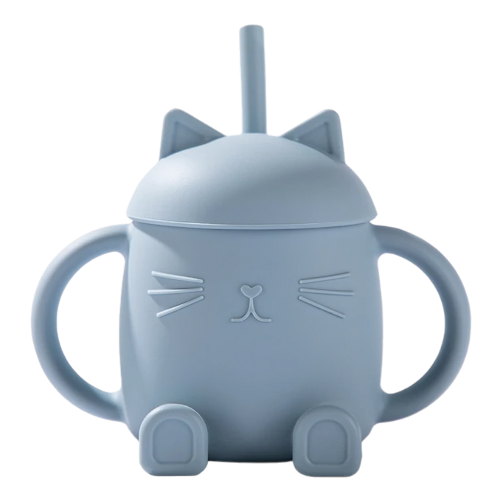 Der Hello World Trinkbecher Katze sitzend Blau [13x11cm] ist ein hellblauer, katzenförmiger Becher mit seitlichen Henkeln, einem Strohdeckel mit Katzenohren und aufgeprägten Schnurrhaaren, Nasen und Pfoten - ideal für Baby-Led Weaning.