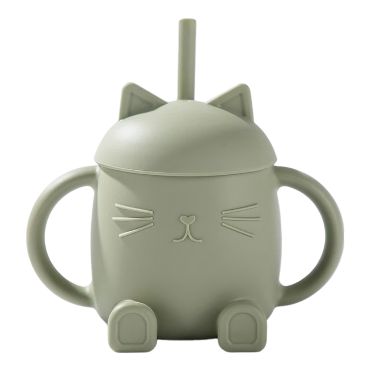 Der Hello World Trinkbecher Katze sitzend Grün [13x11cm] mit Griffen, Deckel im Katzenkopf-Design, Strohhalm und süßem Katzenmotiv ist der ideale Becher für kleine Tierfreunde.