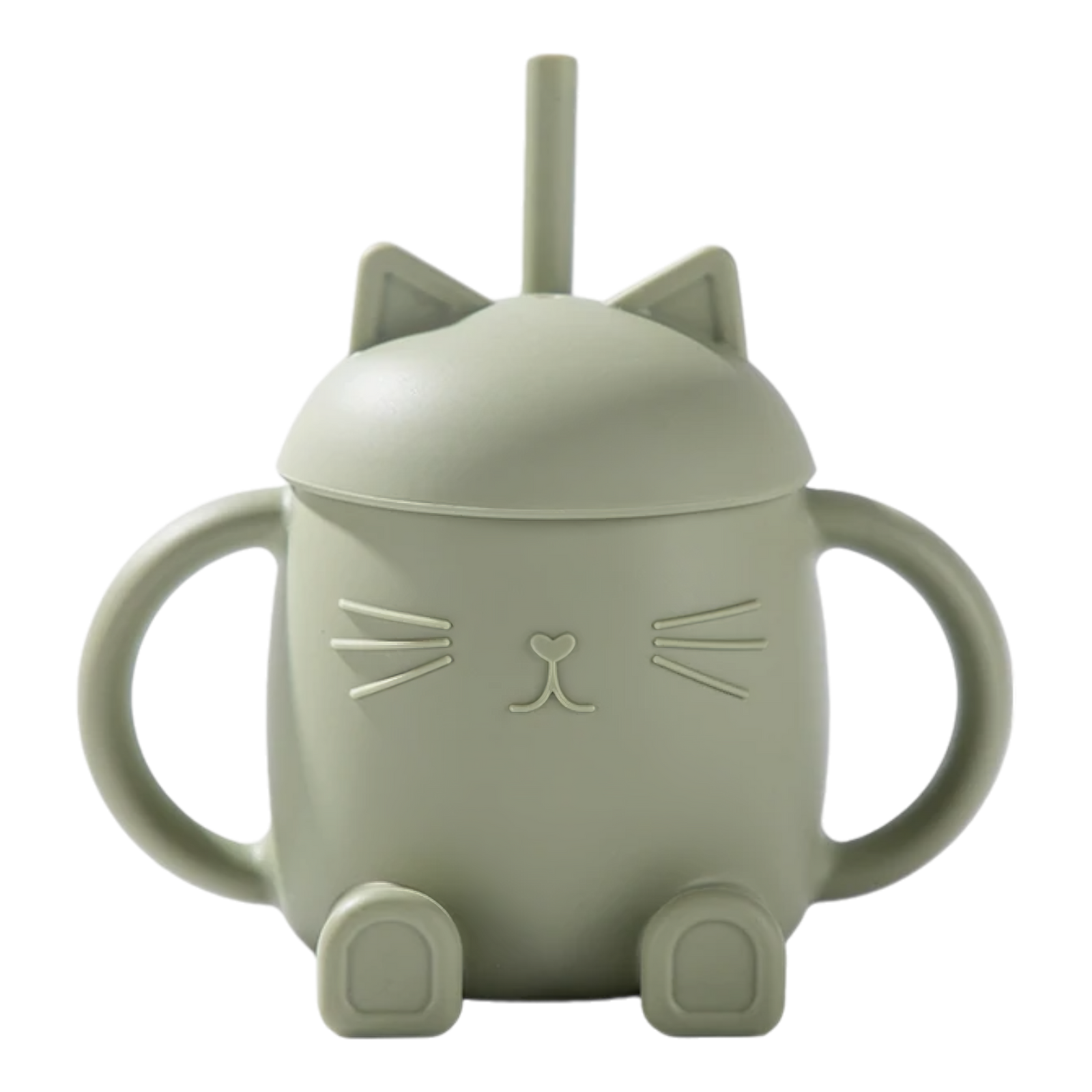 Der Hello World Trinkbecher Katze sitzend Grün [13x11cm] mit Griffen, Deckel im Katzenkopf-Design, Strohhalm und süßem Katzenmotiv ist der ideale Becher für kleine Tierfreunde.