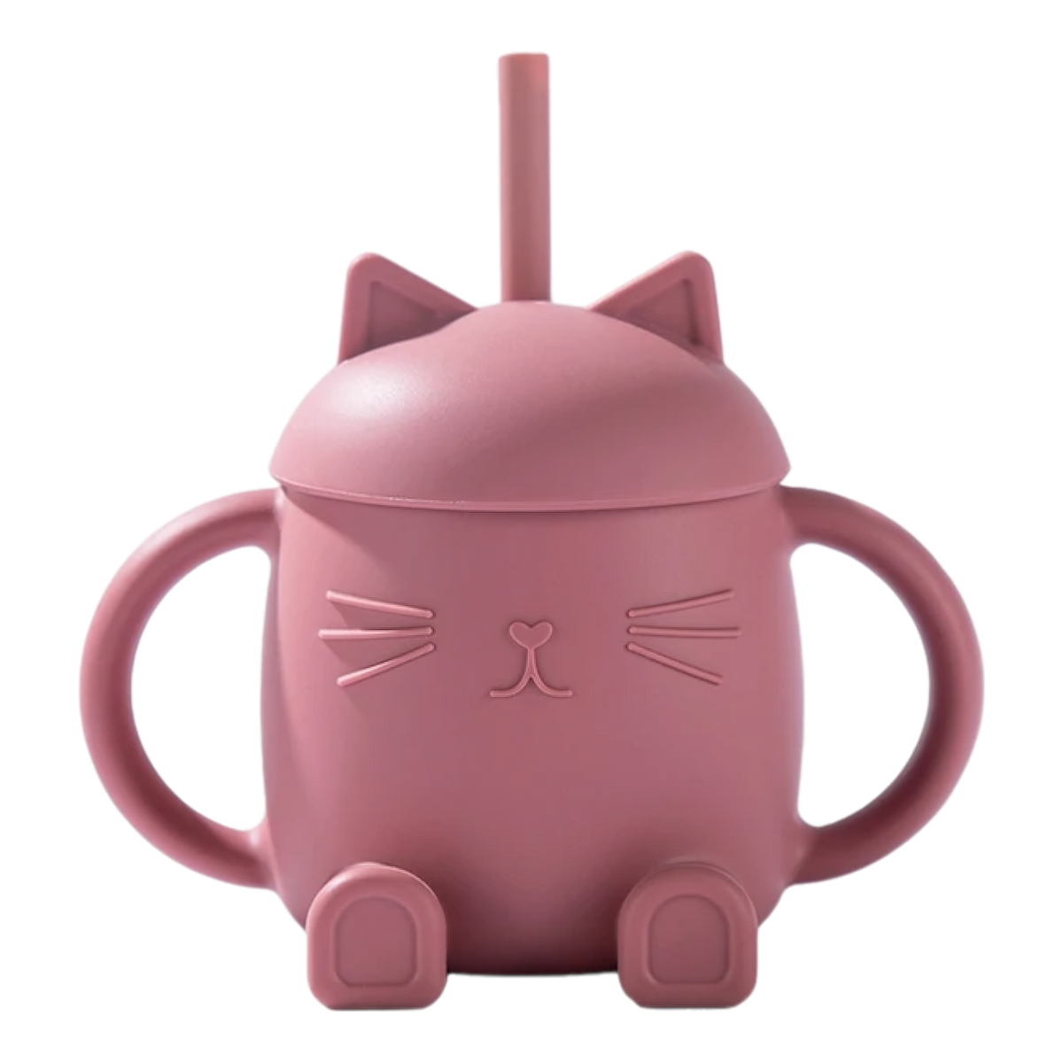 Der Hello World Trinkbecher Katze sitzend Pink [13x11cm] ist ein rosa Trinkbecher mit zwei Henkeln, einem Deckel mit Katzenohren, Strohhalm und einem niedlichen Katzengesicht - ideal für Kinder.