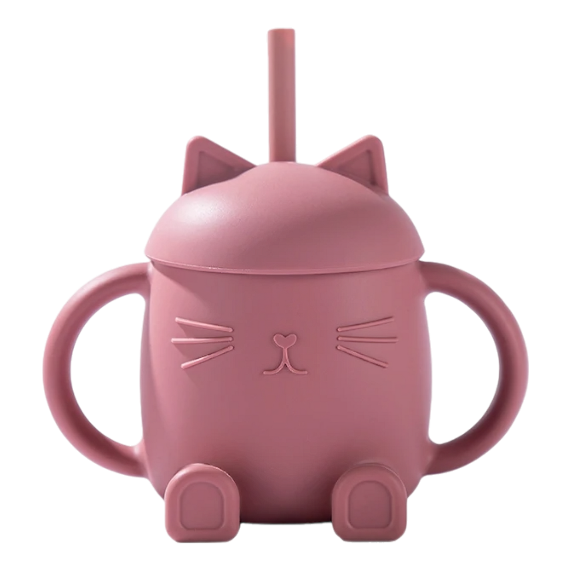 Der Hello World Trinkbecher Katze sitzend Pink [13x11cm] ist ein rosa Trinkbecher mit zwei Henkeln, einem Deckel mit Katzenohren, Strohhalm und einem niedlichen Katzengesicht - ideal für Kinder.