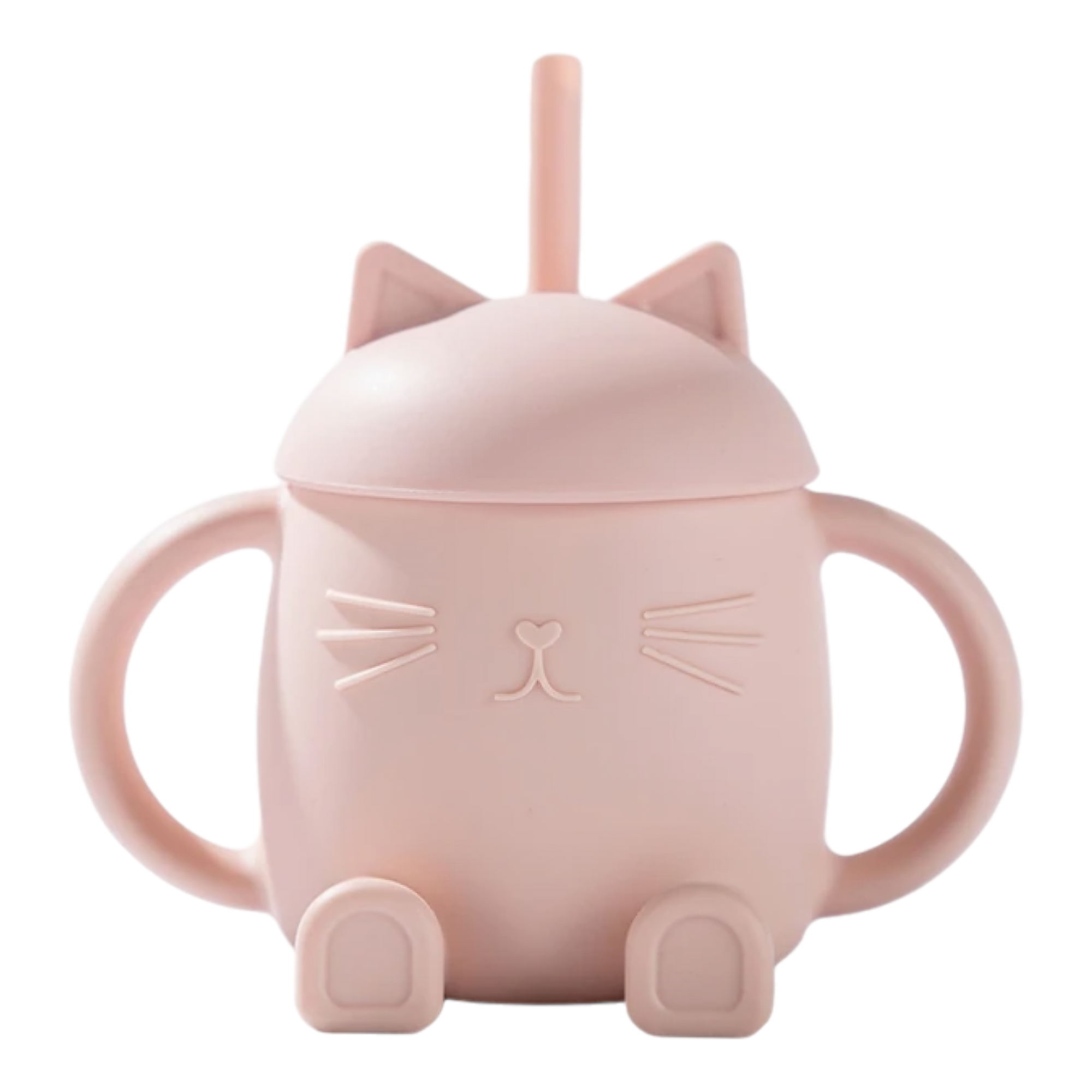 Der Hello World Trinkbecher Katze sitzend Rosa [13x11cm] ist ein blassrosa Becher mit zwei Henkeln, einem Deckel mit Katzenohren und Strohhalm, sowie einem geprägten Katzengesicht und kleinen Füßen am Boden.