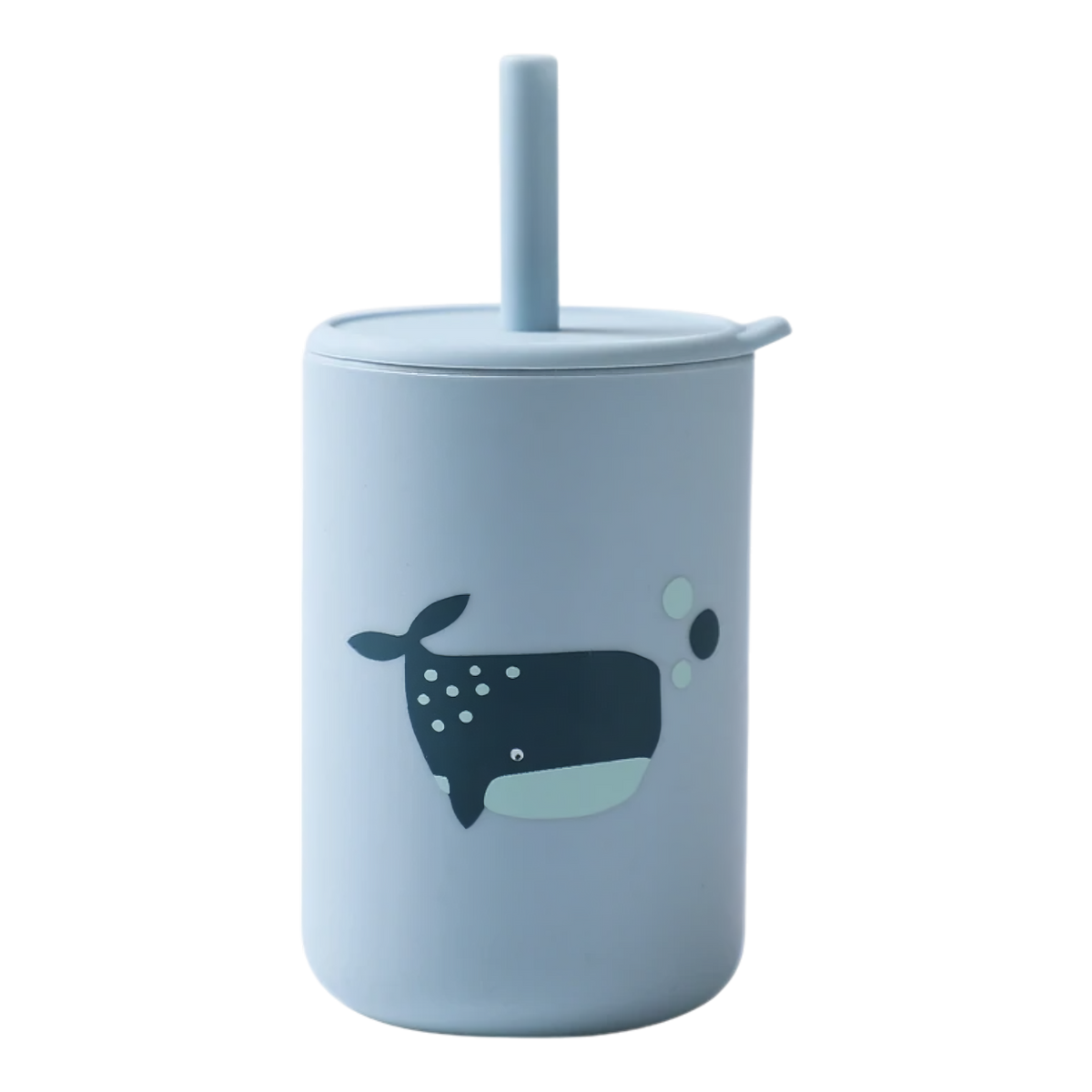 Hello World Trinkbecher mit Motiv Blau [6x12,5cm]: Hellblauer Kinderbecher mit passendem Deckel und Strohhalm, auf dem ein lächelndes dunkelblaues Walmotiv mit weißen Punkten und Blasen abgebildet ist. BPA-frei für sicheren Trinkspaß.