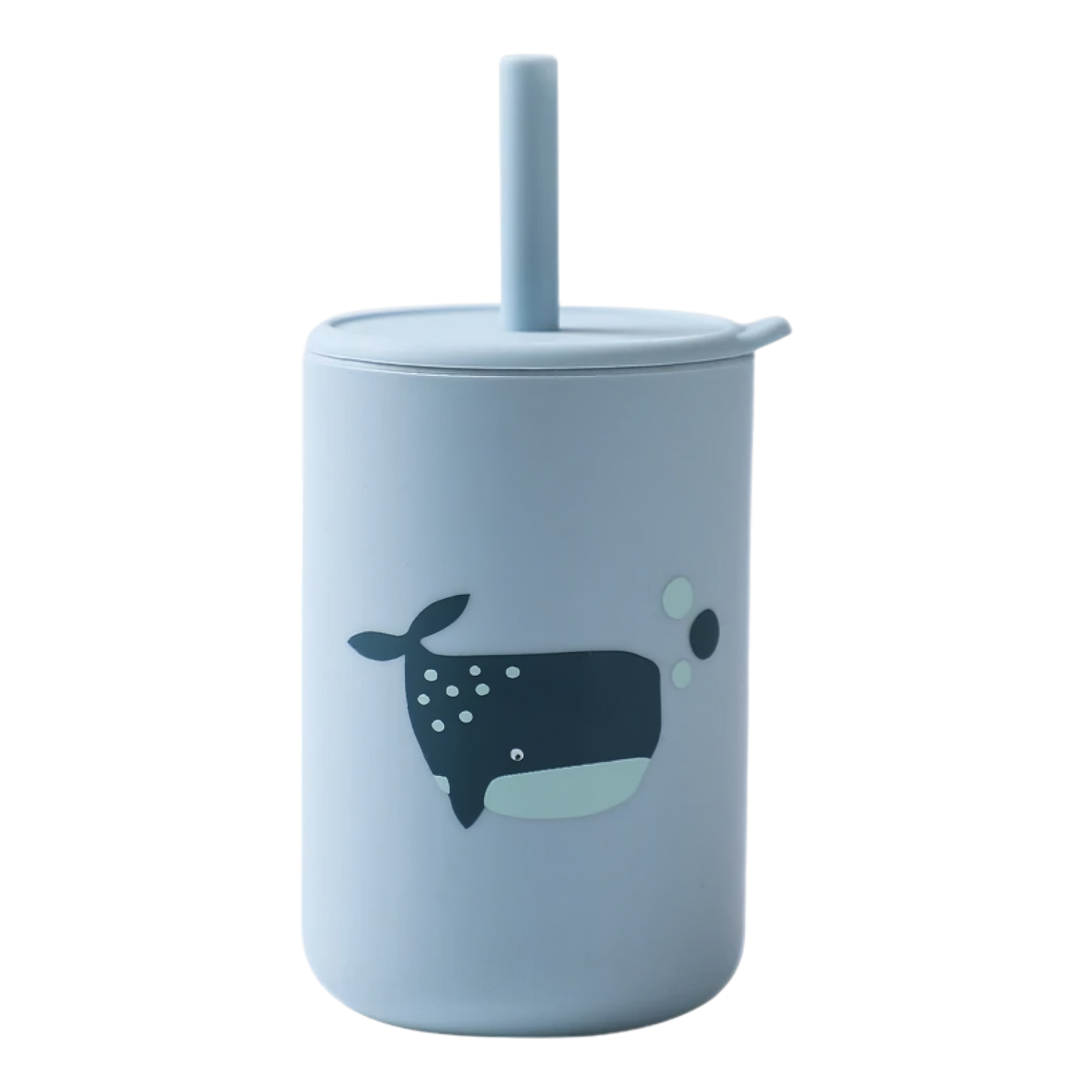 Hello World Trinkbecher mit Motiv Blau [6x12,5cm]: Hellblauer Kinderbecher mit passendem Deckel und Strohhalm, auf dem ein lächelndes dunkelblaues Walmotiv mit weißen Punkten und Blasen abgebildet ist. BPA-frei für sicheren Trinkspaß.