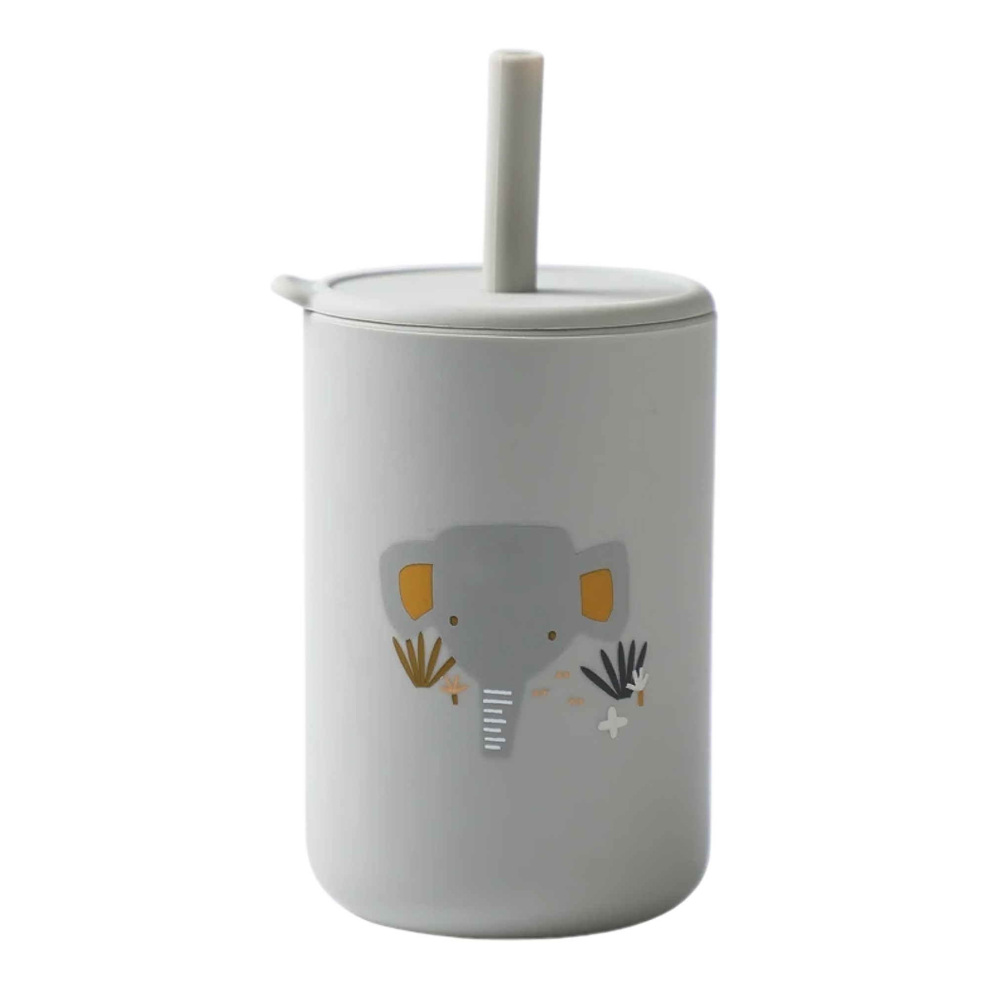 Der Hello World Trinkbecher mit Motiv Grau [6x12,5cm] ist ein grauer Trinkbecher mit Deckel und Strohhalm, der auf der Vorderseite mit gelben und grauen Cartoon-Elefanten und Blättern bedruckt ist.