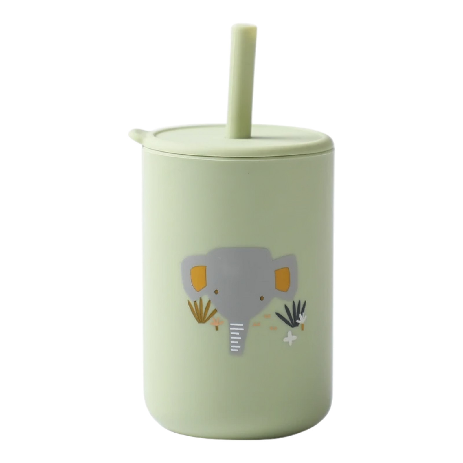 Der Hello World Trinkbecher mit Motiv Grün [6x12,5cm] ist ein hellgrüner, BPA-freier Kindertrinkbecher mit passendem Strohhalm und Deckel, der mit einem niedlichen Cartoon-Elefanten und Pflanzenmotiv versehen ist - perfekt für Kinder, die Elefanten-Design lieben!.