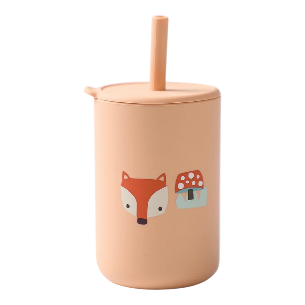 Der Hello World Trinkbecher mit Motiv Orange [6x12,5cm] wird mit Deckel und Strohhalm geliefert, hat ein niedliches Fuchs- und rotes Pilzmotiv und ist BPA-frei für einen sicheren, kinderfreundlichen Gebrauch.