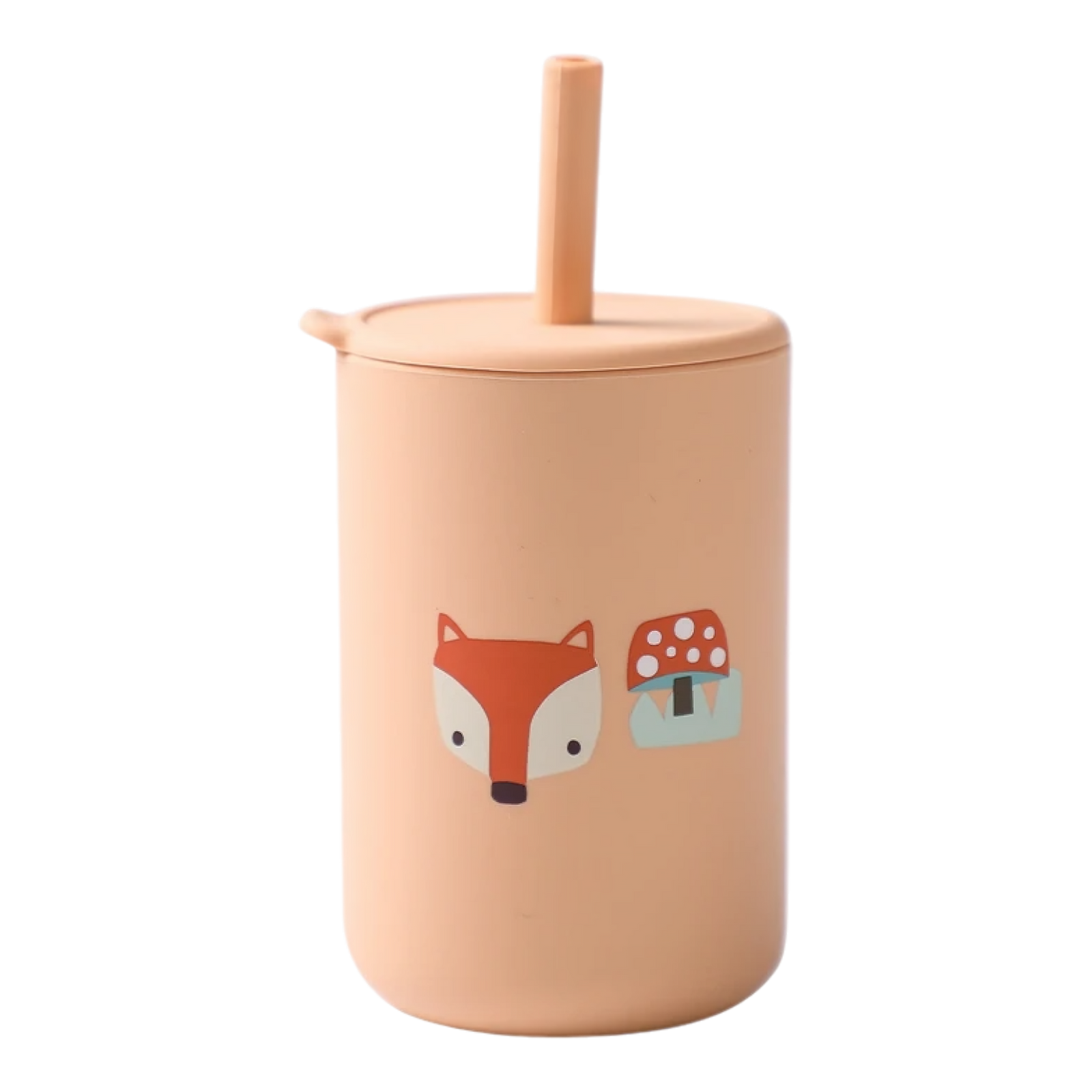 Der Hello World Trinkbecher mit Motiv Orange [6x12,5cm] wird mit Deckel und Strohhalm geliefert, hat ein niedliches Fuchs- und rotes Pilzmotiv und ist BPA-frei für einen sicheren, kinderfreundlichen Gebrauch.