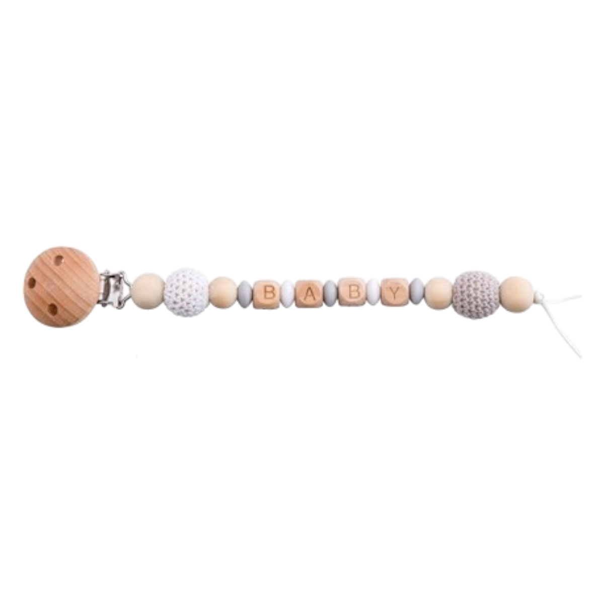 Das Hello World Windelgeschenk Elefantentorte [27x33cm] enthält einen Schnullerclip aus Holz mit runden, strukturierten Perlen und vier Würfeln mit der Aufschrift BABY. Ideal als Geschenk zur Geburt und für jede handgemachte Windeltorte, befestigt mit Holzclip und Schnur.