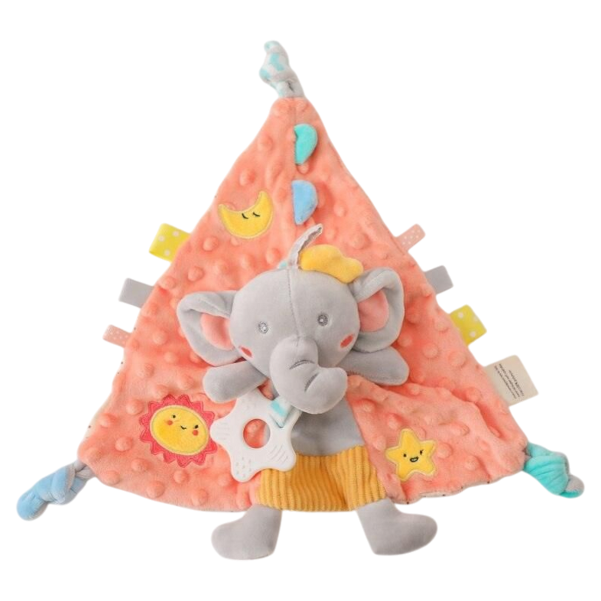 Das Hello World Windelgeschenk Elefantentorte [27x33cm] ist eine weiche, pfirsichfarbene Dreiecks-Babydecke mit strukturierten Punkten, bunten Anhängern und einem plüschigen grauen Elefanten, der einen Beißring hält - ideal als Geschenk für frischgebackene Eltern.