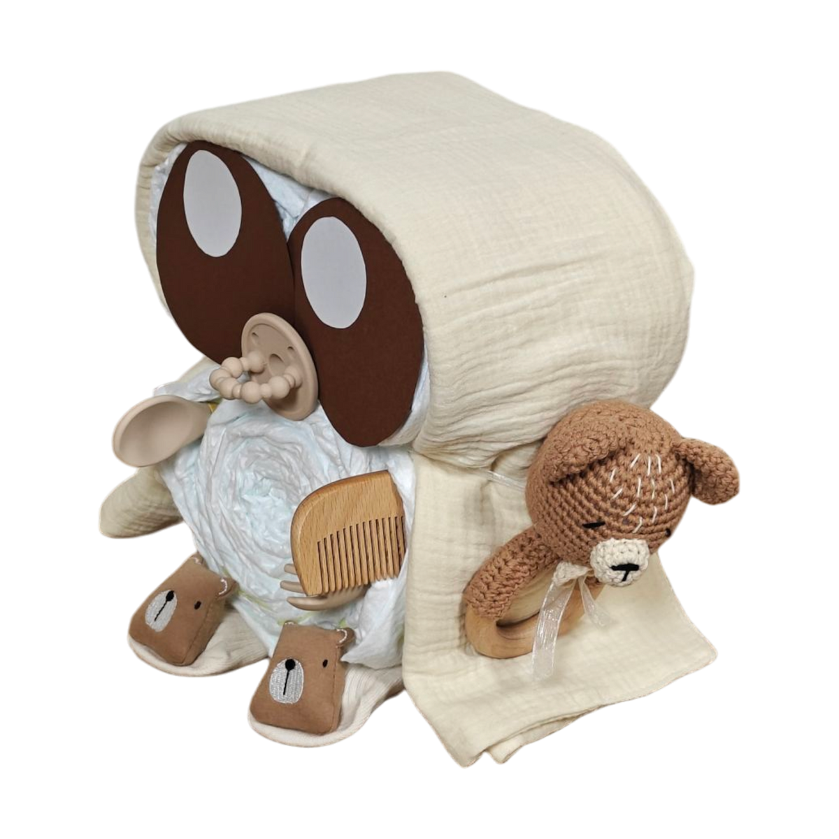 Das Windelgeschenk Eule [31x23cm] von Hello World bezaubert mit großen braunen Augen, cremefarbener Kapuzendecke, Schnuller-Schnabel, Kamm, Plüschbärchen und Babyschühchen - das ideale Geschenk zur Geburt!.