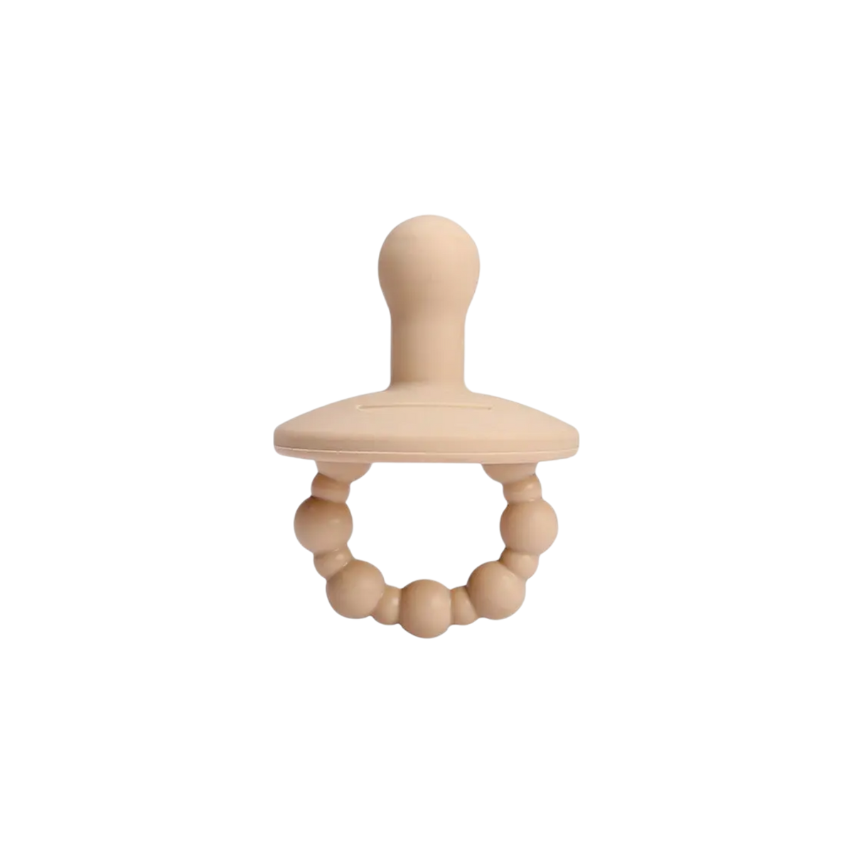 Das Hello World Windelgeschenk Eule [31x23cm], ein beiger Silikon-Babyschnuller mit rundem Nippel, flachem Schild und Perlenringgriff - ideal als Geschenk zur Geburt - ist auf einem schlichten weißen Hintergrund abgebildet.