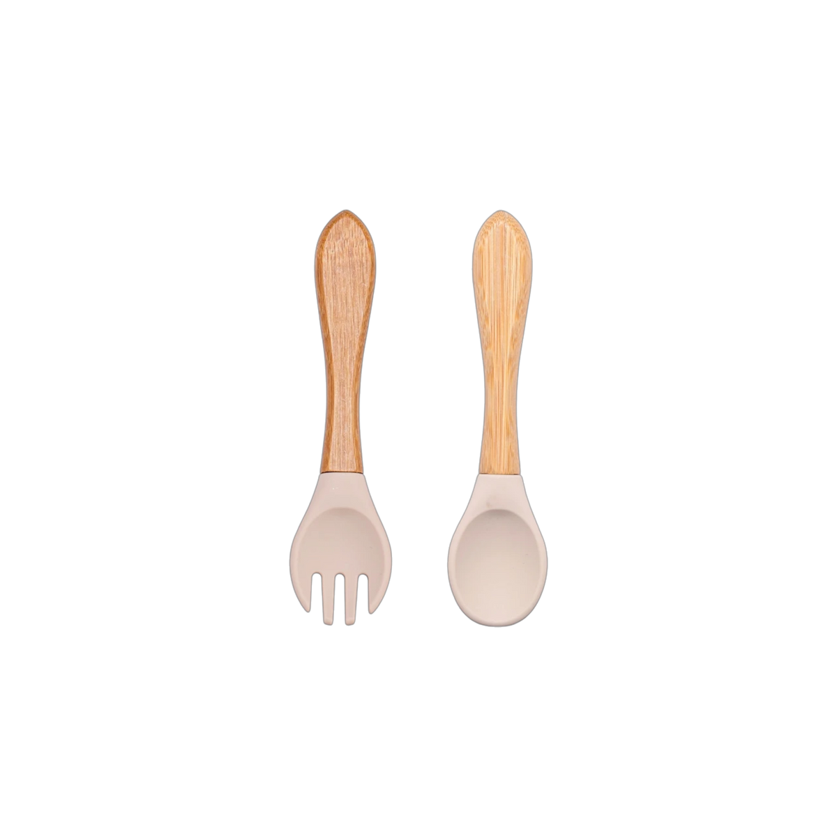 Das Hello World Windelgeschenk Eule [31x23cm] besteht aus einem Gabel- und Löffelset mit Holzgriff und beigen Silikonköpfen, die nebeneinander auf weißem Hintergrund abgebildet sind - ideal als Geschenk für Neugeborene.