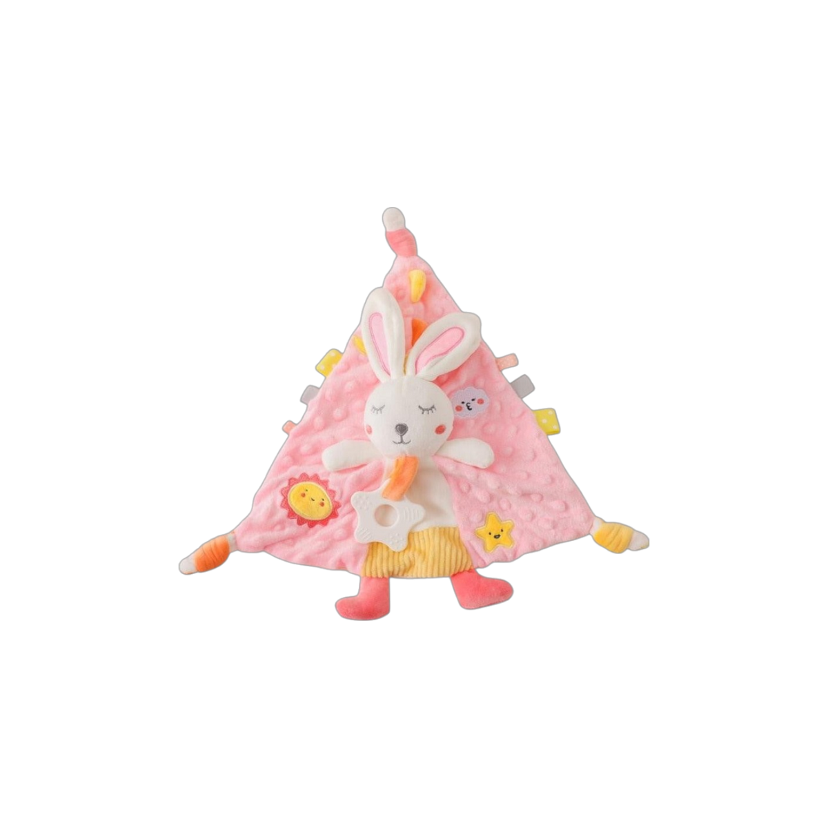 Das Hello World Windelgeschenk Hasentorte [40x35cm] ist eine weiche, dreieckige Babydecke in Rosa und Gelb mit einem plüschigen Langohrhasen, Anhängerschlaufen und Sternecken - ideal als bezauberndes Windeltortengeschenk für Neugeborene.