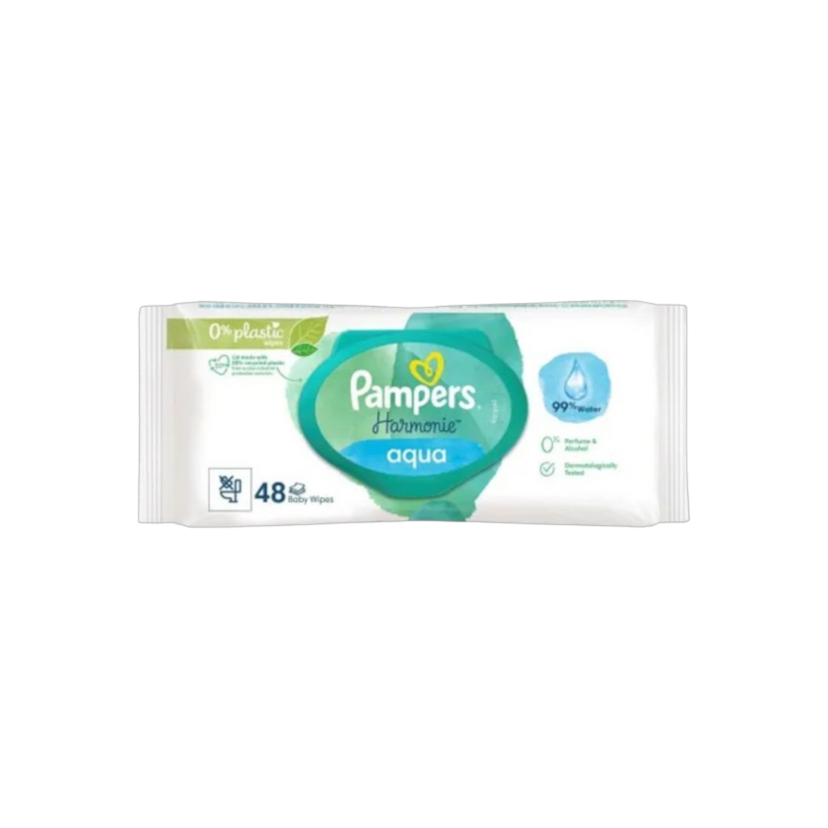 Das Hello World Windelgeschenk Körbchen (32x28cm) ist ein perfektes Geschenk für frischgebackene Eltern. Es enthält 48 Pampers Harmonie Aqua Baby-Feuchttücher (0% Plastik, 99% Wasser) mit einem blaugrünen Logo und grünem Blattdesign.