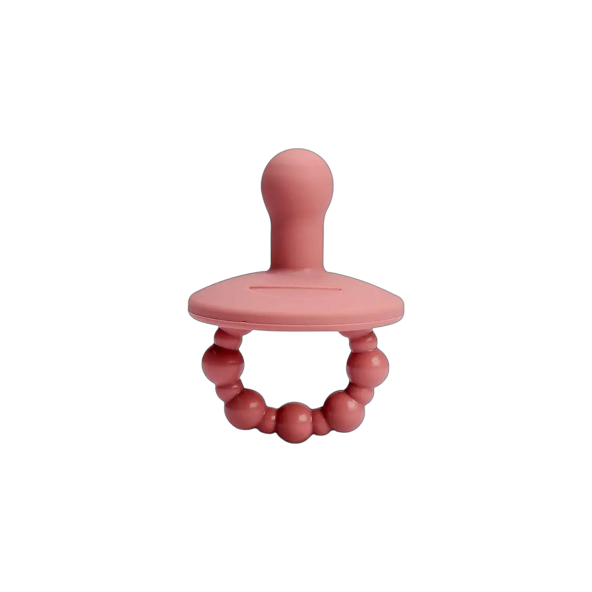 Das Windelgeschenk Lama (35x19cm) von Hello World zeigt einen rosafarbenen Silikon-Babyschnuller mit einem runden Griff aus kleinen Perlen - ideal als Babygeschenk oder für eine Windeltorte, dargestellt auf einem schlichten weißen Hintergrund.