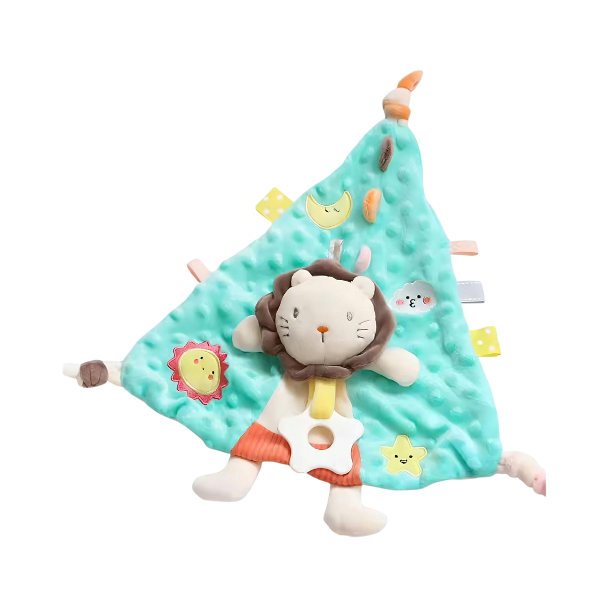 Die Hello World Windelgeschenk Löwentorte [40x35cm] ist eine weiche türkisfarbene Babydecke mit strukturierten Punkten, bunten Anhängern und einem Plüsch-Löwen in der Mitte, der mit verspielten Sternen und Monden bedruckt ist - perfekt als Geschenk für Babyshower oder zur Geburt.