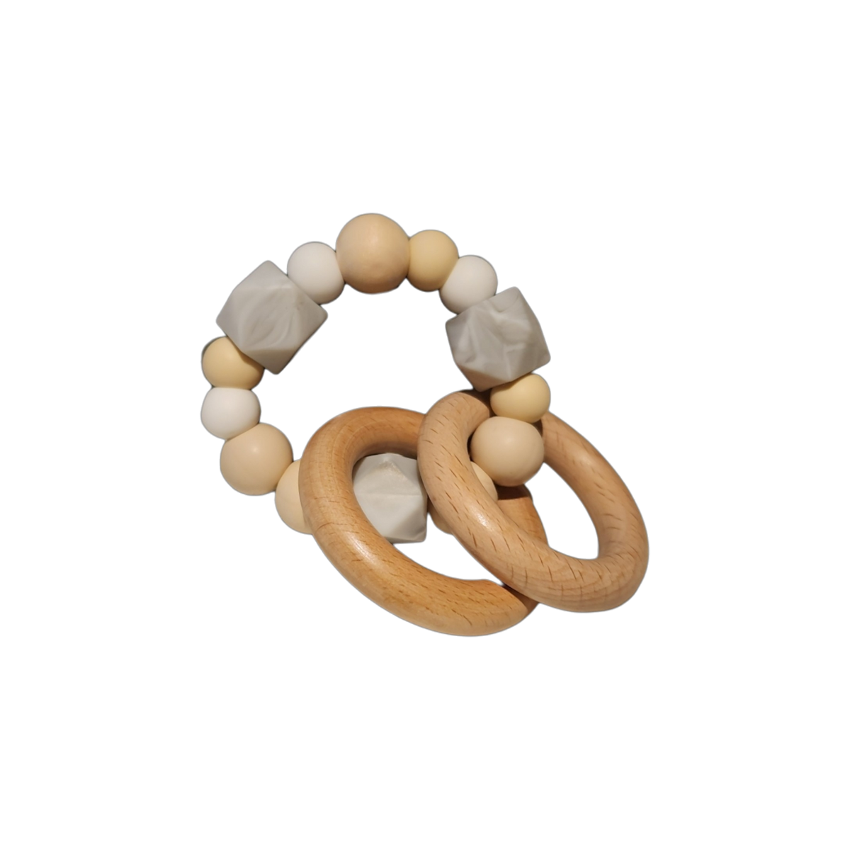 Das Windelgeschenk Schiff (50x33cm) von Hello World ist perfekt, um mit einem beigen, weißen und grauen Silikonperlen-Baby-Beißspielzeug mit Holzringen als einzigartiges Windeltorte-Babygeschenk zu kombinieren.