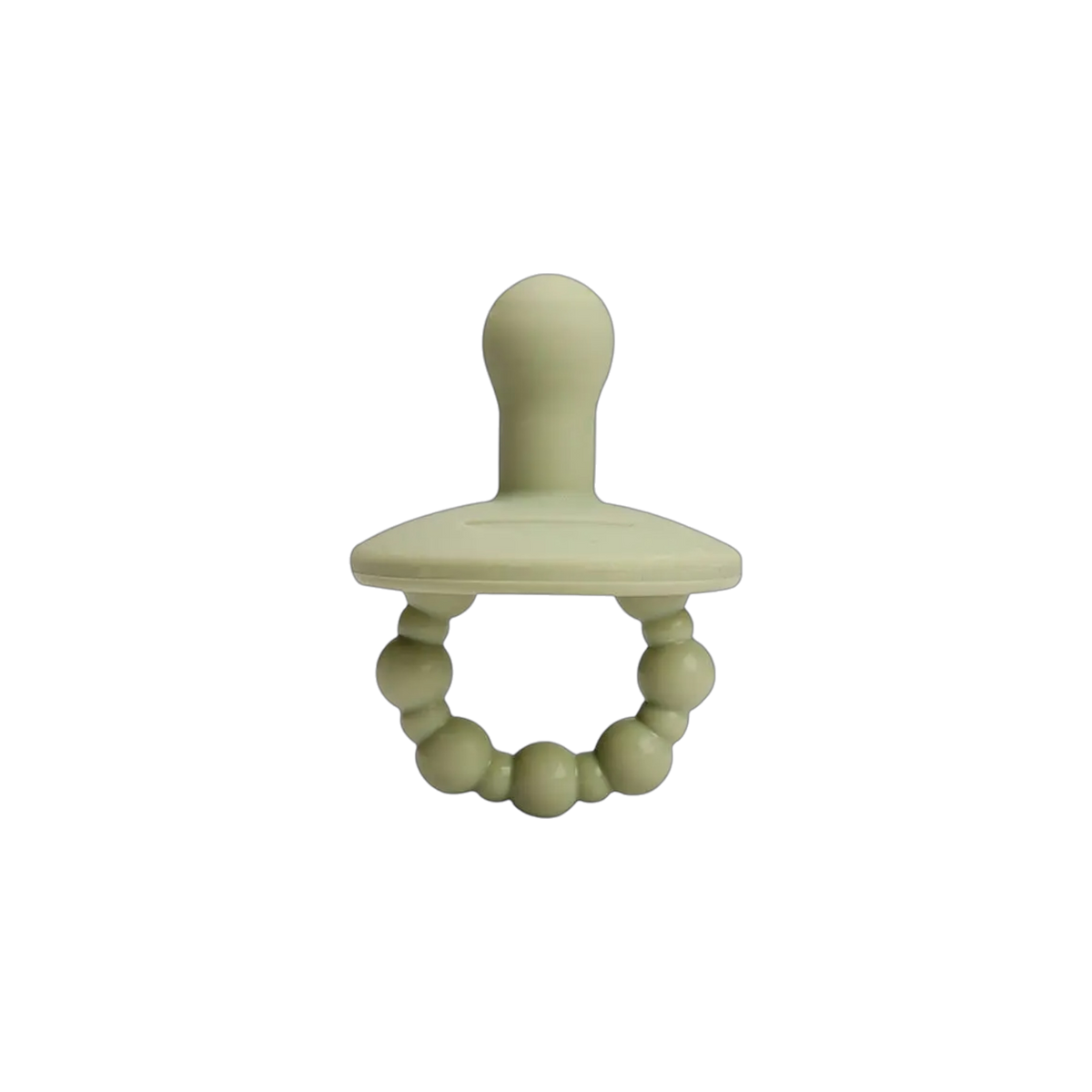 Ein hellgrüner Hello-World-Babyschnuller mit abgerundeter Spitze, flachem Schild und perlenbesetztem Ringgriff - ideal als Windelgeschenk Schnecke [26x16cm] oder Geschenk zur Geburt - auf einfarbig weißem Hintergrund.