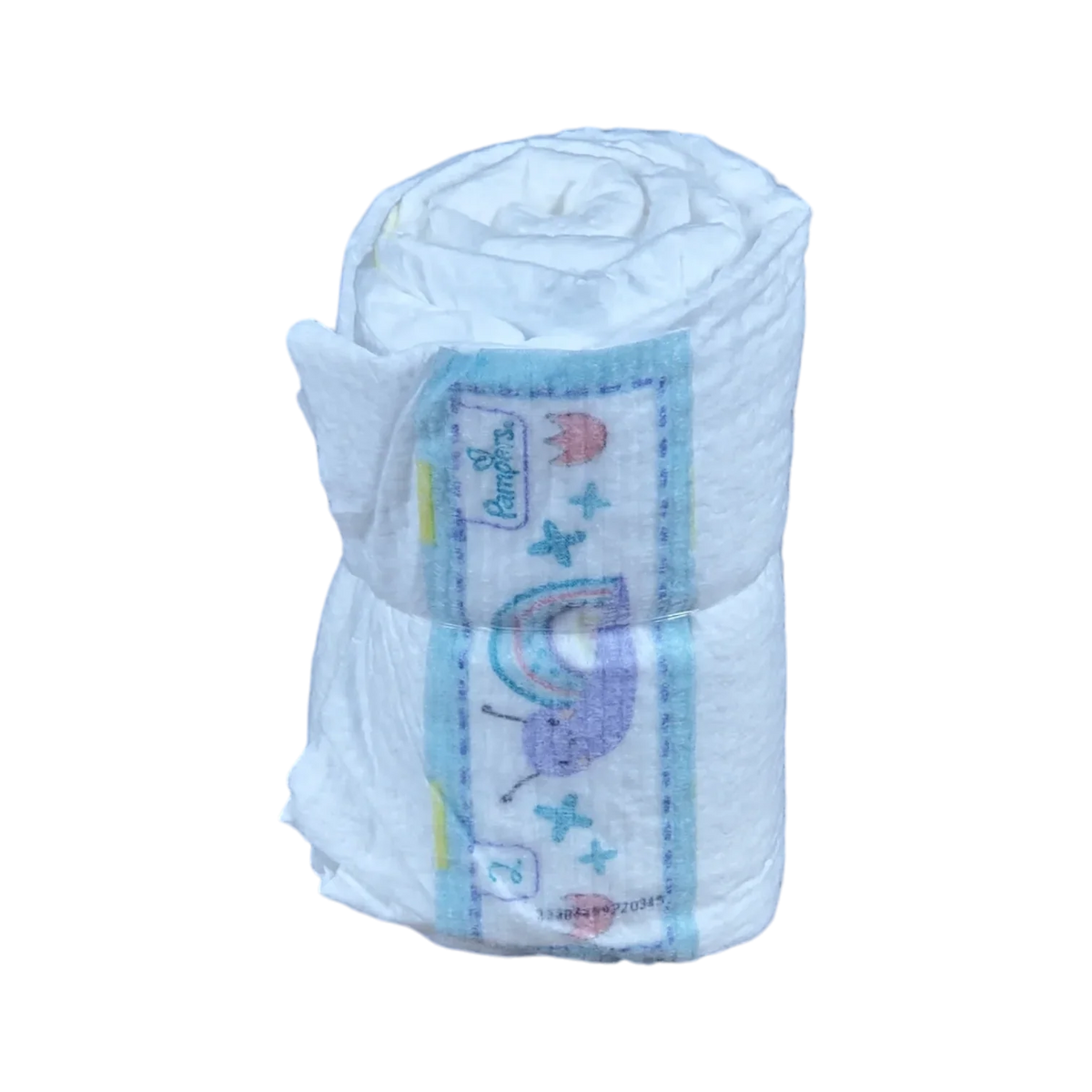 Eine aufgerollte Hello World Windelrolle 3Stk. Einweg-Babywindel mit einem farbenfrohen Regenbogen, Wolken und Sternen auf der Vorderseite ist vor einem schlichten weißen Hintergrund abgebildet.