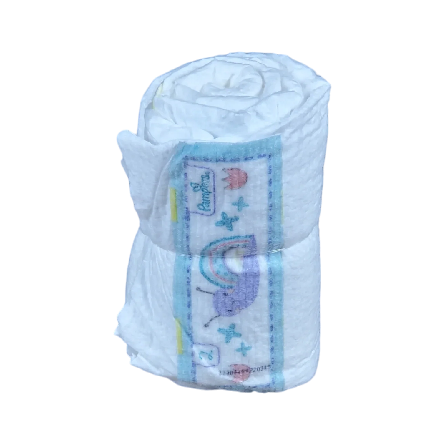 Eine aufgerollte Hello World Windelrolle 3Stk. Einweg-Babywindel mit einem farbenfrohen Regenbogen, Wolken und Sternen auf der Vorderseite ist vor einem schlichten weißen Hintergrund abgebildet.