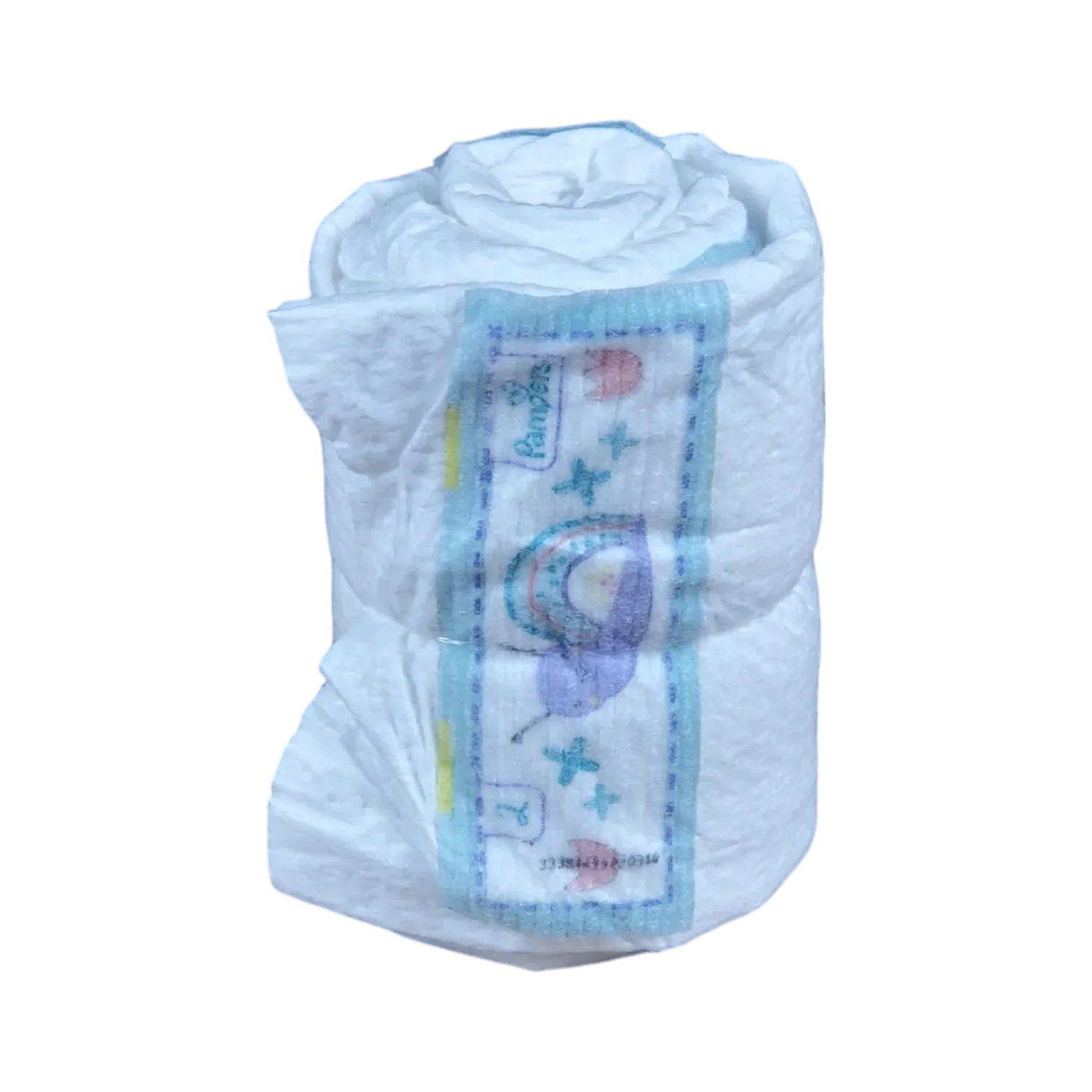 Eine einzelne aufgerollte Einweg-Babywindel aus der Windelrolle 4Stk. von Hello World mit blauem und lila Design, einem lächelnden Cartoon-Gesicht, Sternen und dem Markennamen auf dem vorderen Streifen.