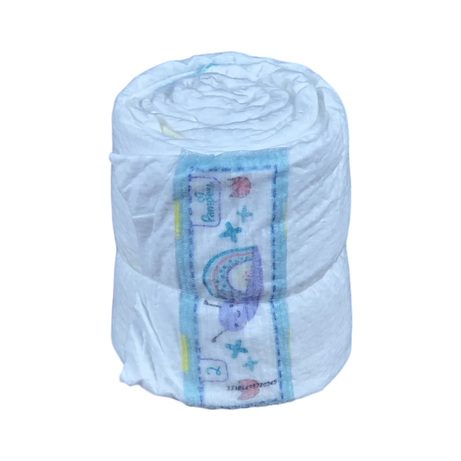 Eine aufgerollte Hello World Windelrolle 5Stk. Einweg-Babywindel mit weißem Hintergrund und bunten Motiven wie Regenbogen, Mond, Sterne und mehrfarbigen Formen auf der Vorderseite.