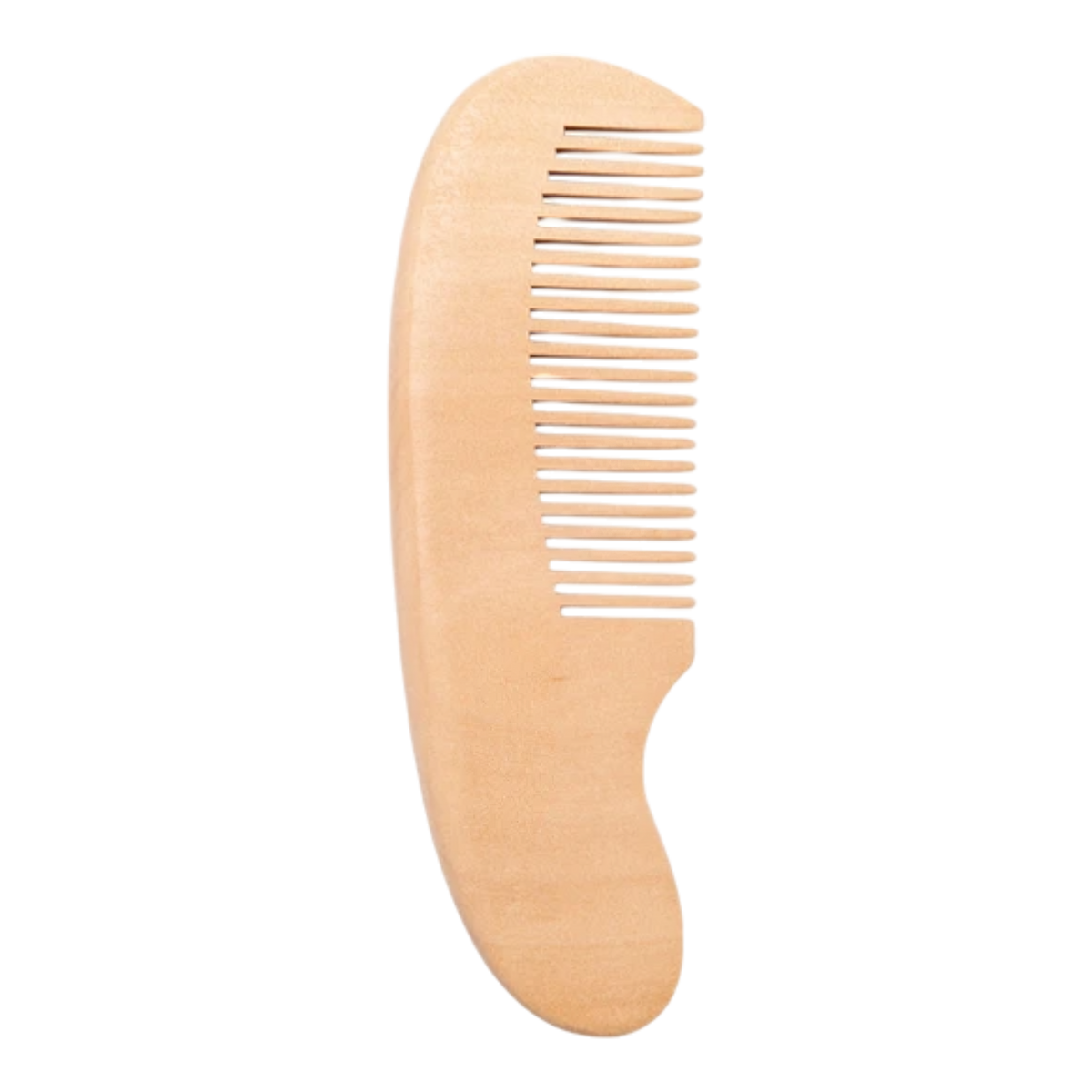Ein leichter Holzkamm mit einem gebogenen, ergonomischen Griff und breiten Zinken von Hello World, ideal als Babygeschenk oder für die Windeltorte Bärencamp [42x25cm], abgebildet auf einem schlichten weißen Hintergrund.