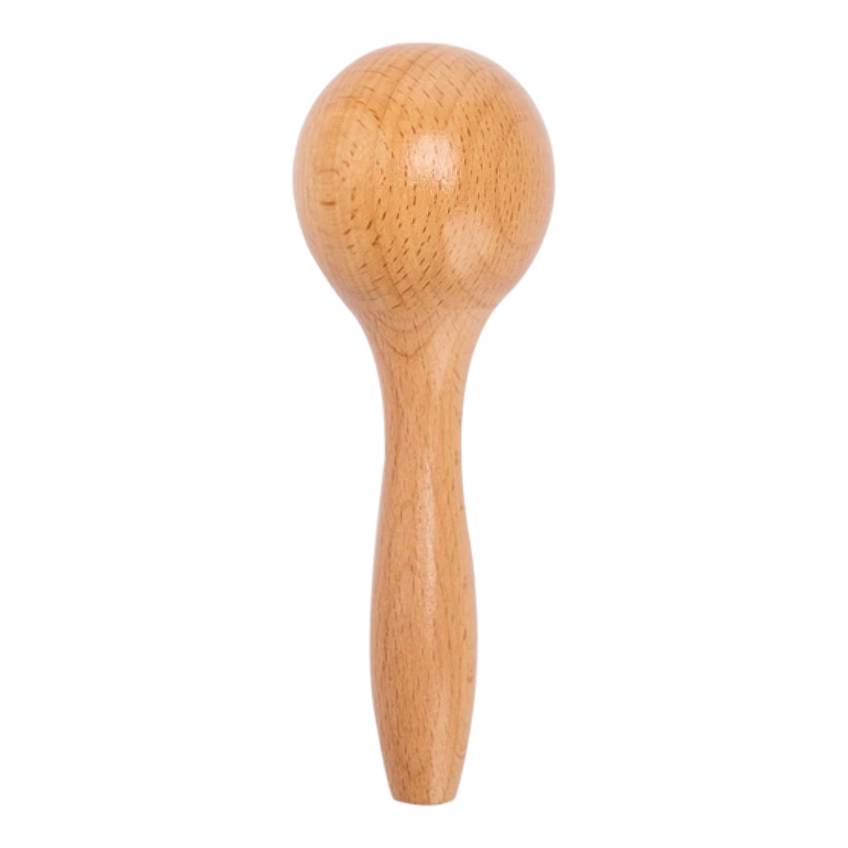 Eine hölzerne Maraca mit glatter, abgerundeter Spitze und spitz zulaufendem Griff, perfekt für Baby-Essentials oder als Teil der Hello World Windeltorte Dino [25x38cm] Geschenk zur Geburt, abgebildet auf einem schlichten weißen Hintergrund.