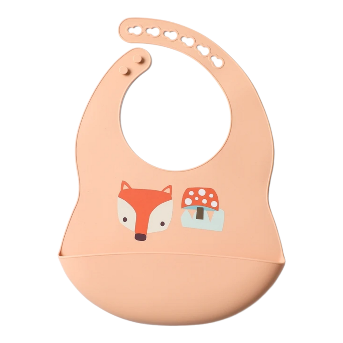 Der Hello World Windeltorte Fuchszauber [26x44cm] besteht aus einem pfirsichfarbenen Silikon-Lätzchen mit verstellbarem Halsausschnitt, Krümeltasche und einem niedlichen Fuchs-Design - ideal als Geschenk zur Geburt oder für eine Windeltorte Fuchs.