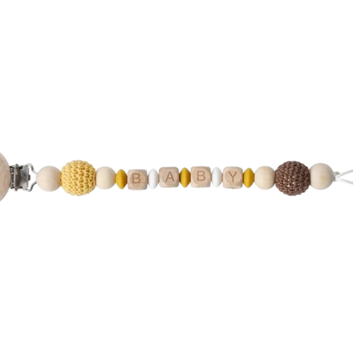 Ein Perlenschnuller-Clip mit Holzverschluss, natürlichen, gelben und braunen Perlen sowie vier Würfeln mit der Aufschrift BABY - perfekt als Geschenk zur Geburt oder für die Hello World Windeltorte Giraffentraum [42x25cm].