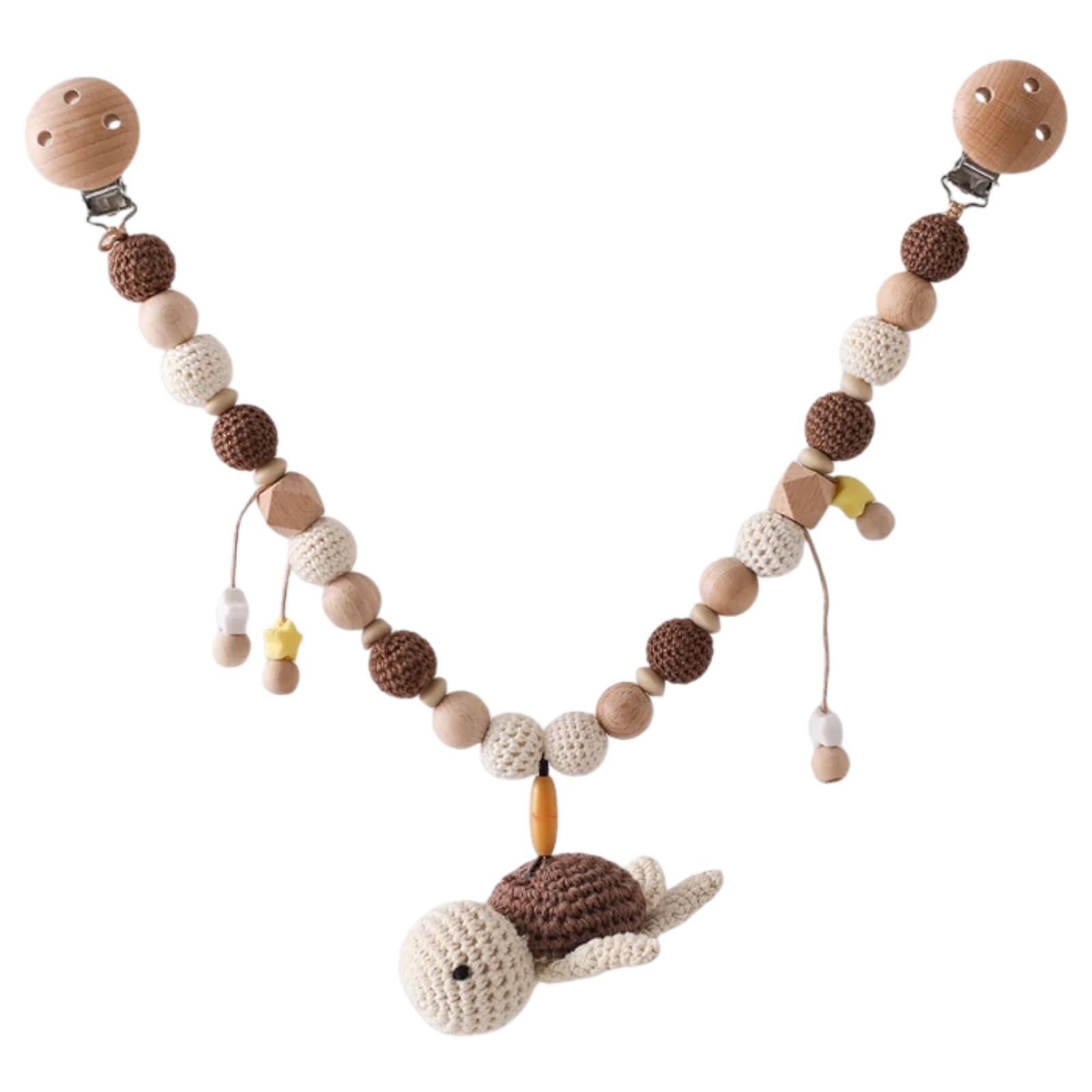 Die Hello World Kinderwagenkette Schildkröte [30x31cm] verfügt über hölzerne und gehäkelte braune, beige und gelbe Perlen, eine niedliche gehäkelte Schildkröte in der Mitte und Clips an beiden Enden - ideal für entspannte Reisen mit deinem Baby.
