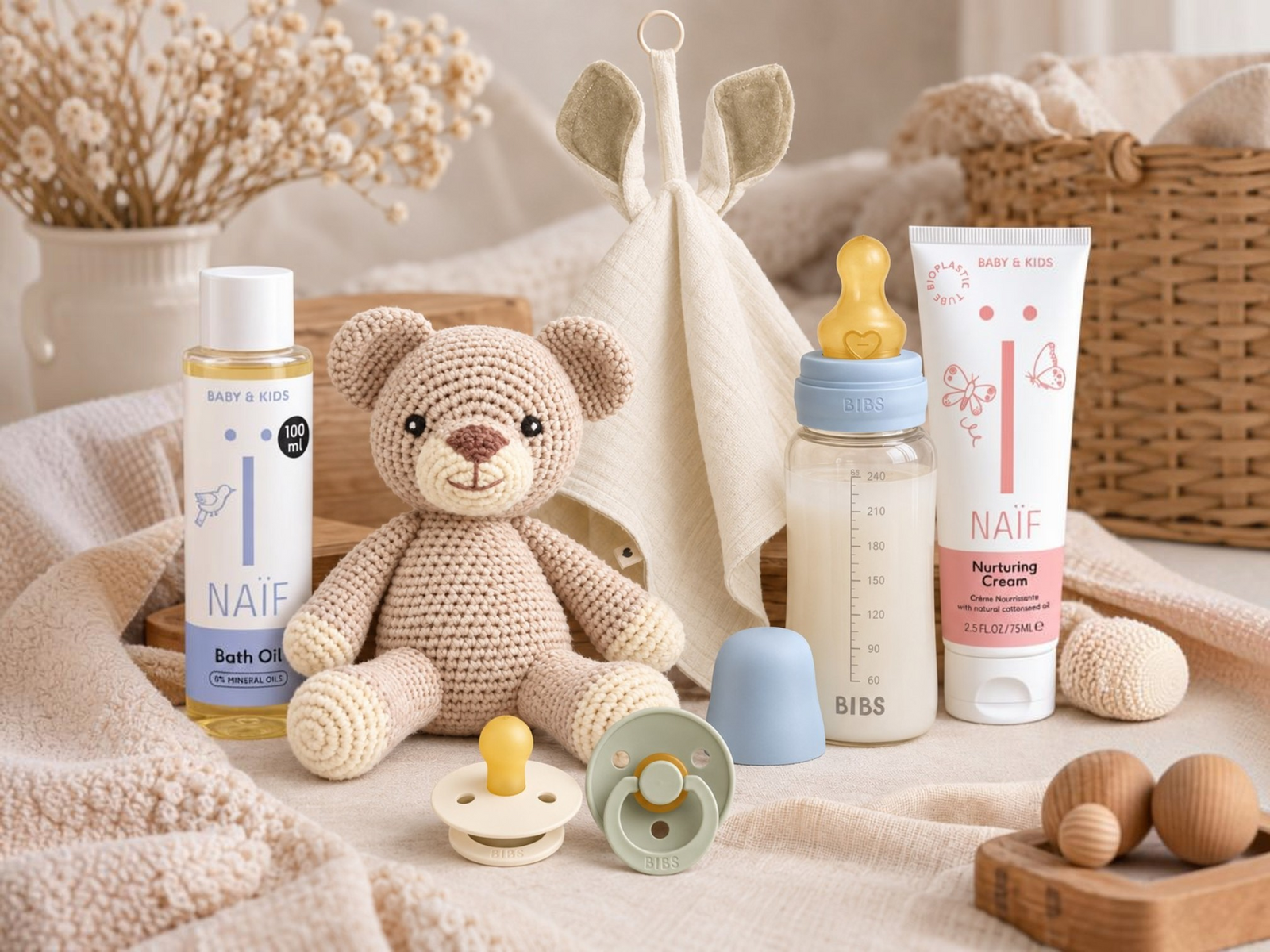 Kleine Geschenkideen zur Geburt mit Babyspielzeug, Schnuller, Babyflasche und Pflegeprodukten